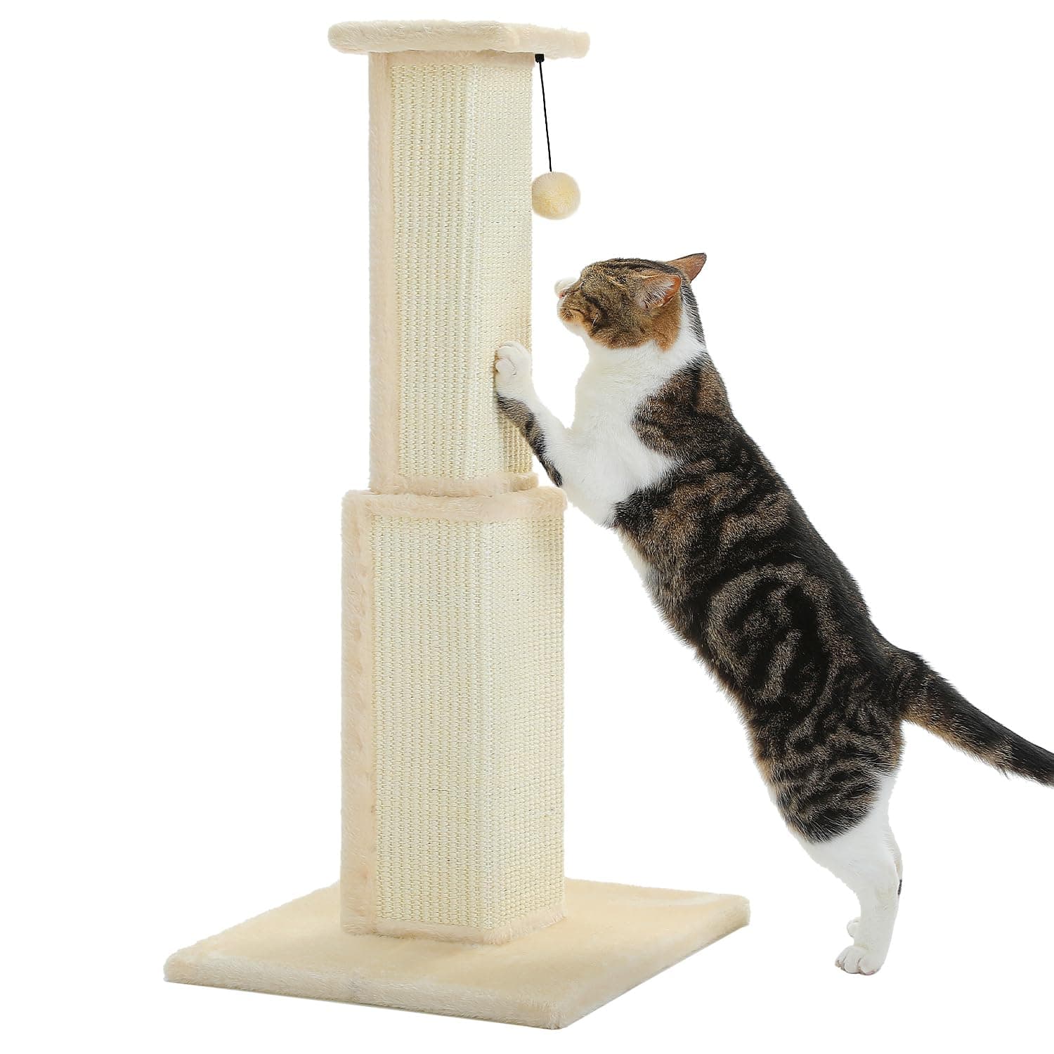 Large Cat Scratching Post 32” Tall Scratching Post for Indoor Cats Adults Ultimate Scratch Post with Woven Sisal, Large Base and Removable Dangling Ball- Beige