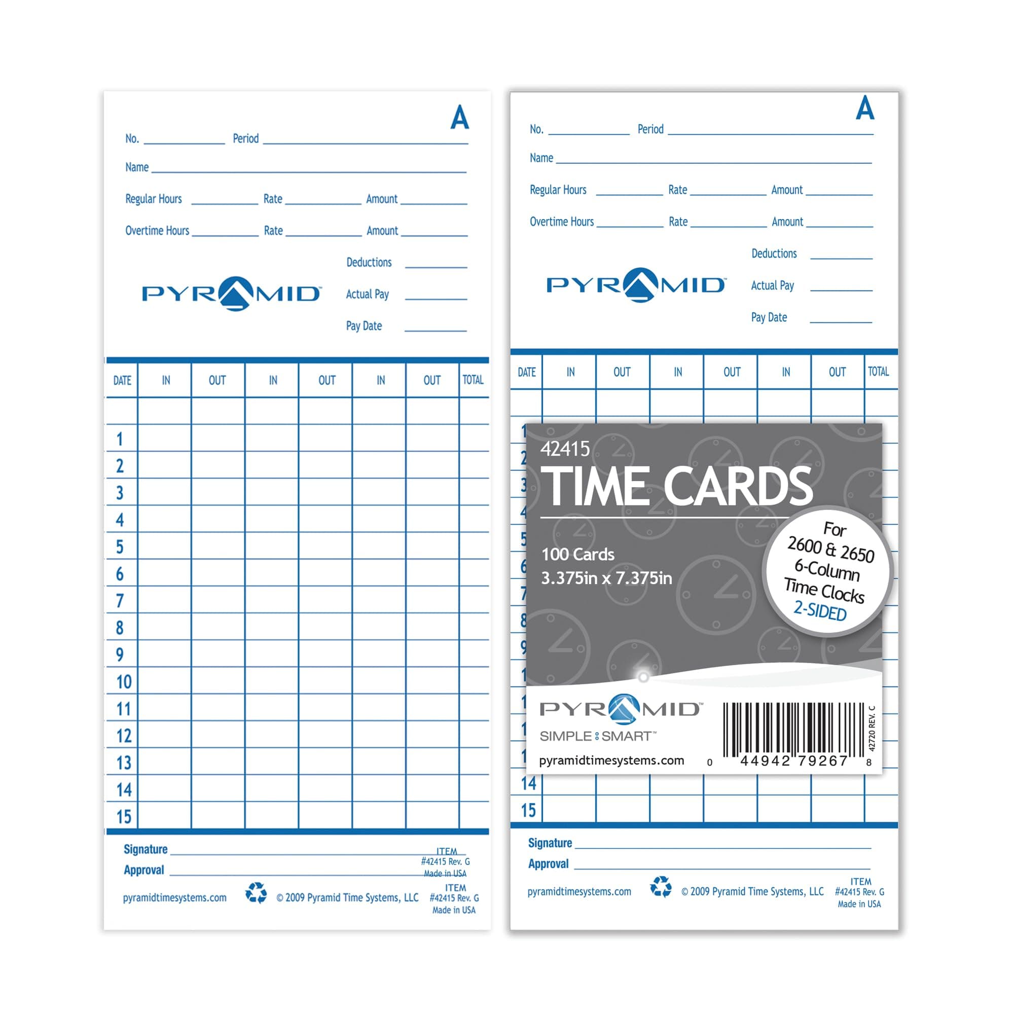 Authentic Time Cards (42415) for Pyramid Models 2500, 2500K1, 2600 and 2650 Aligning Time Clocks, Double Sided Time Sheets (3.38 x 7.44 in) - 100 Time Cards - Blue/Green