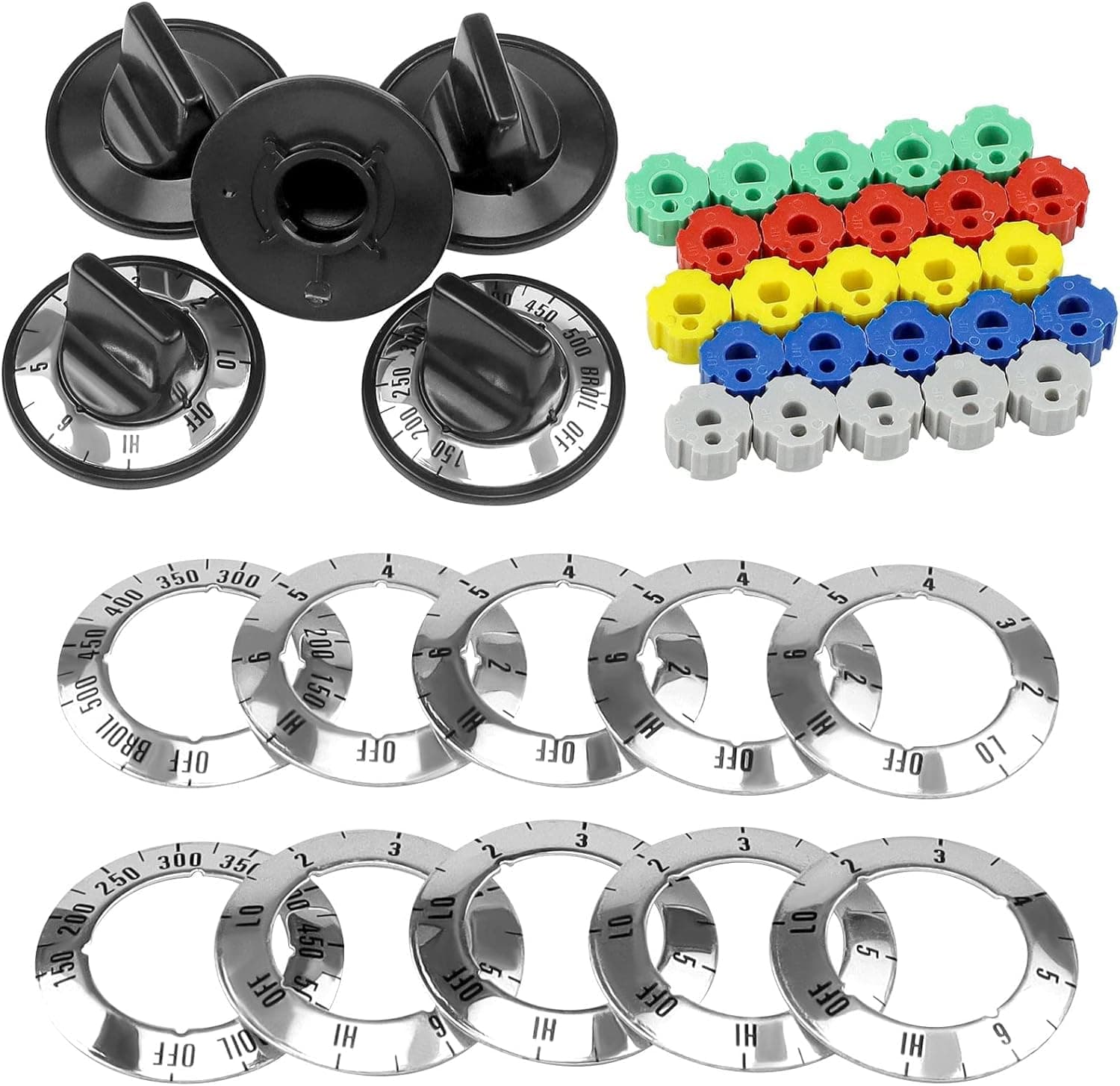 Fetechmate Electric Stove Knobs Replacement for Whirl-Pool Ro-per Hard-Wick & More, KN002 RKE Electric Range Burner Knobs Replace TJKN002&RK103-5 Pack ABS Stove Top Knobs Replacement with Adapters