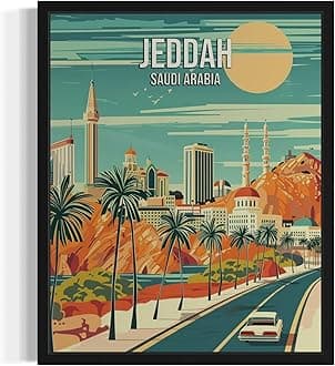 City Wall Art Poster Print, Asian Landscape Scenery Painting Artwork Travel Prints Decor Cityscape Landmarks Gallery 26 (Jeddah Saudi Arabia, 16 x 20 inches, Black Frame)