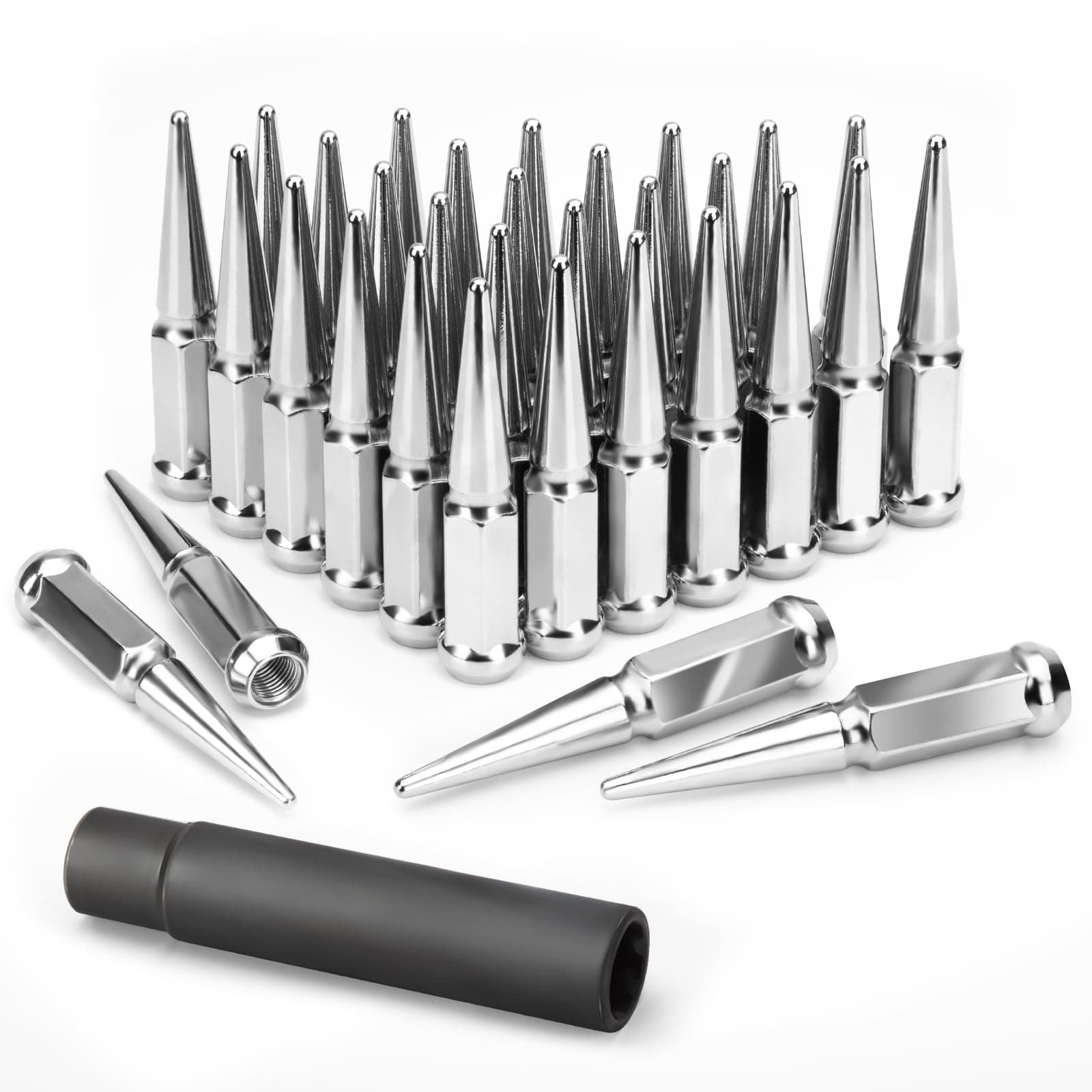 KSP Performance KSP 32 Pc Spike Lug Nuts 9/16-18 Thread 4.4" Overall Length Closed End Bulge Acorn Spiked Solid 1 pc Metal Lug Nut Chrome and 1 Long Socket Key for Dodge Ram Ford Heavy Duty After