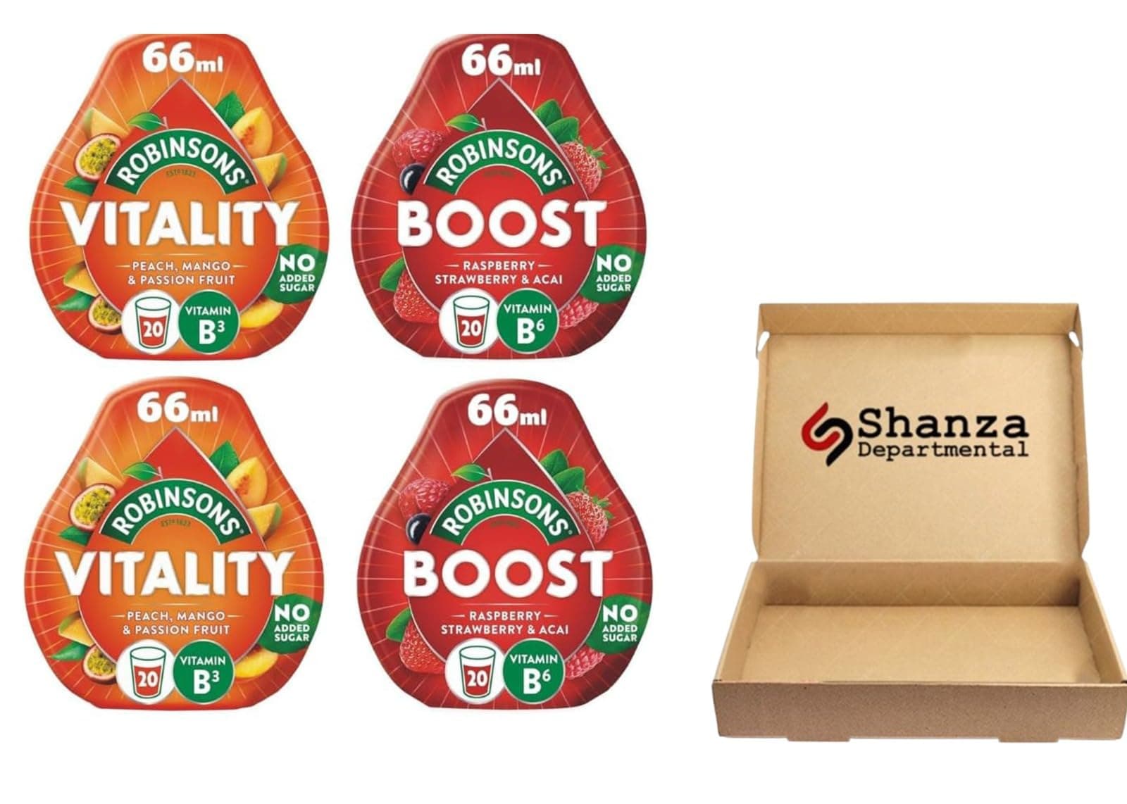 Robinsons 2x Vitality Peach, Mango & Passion Fruit +2x Boost Benefit Drops Raspberry, Strawberry & Acai with Vitamin B6 | By Shanza Departmental's
