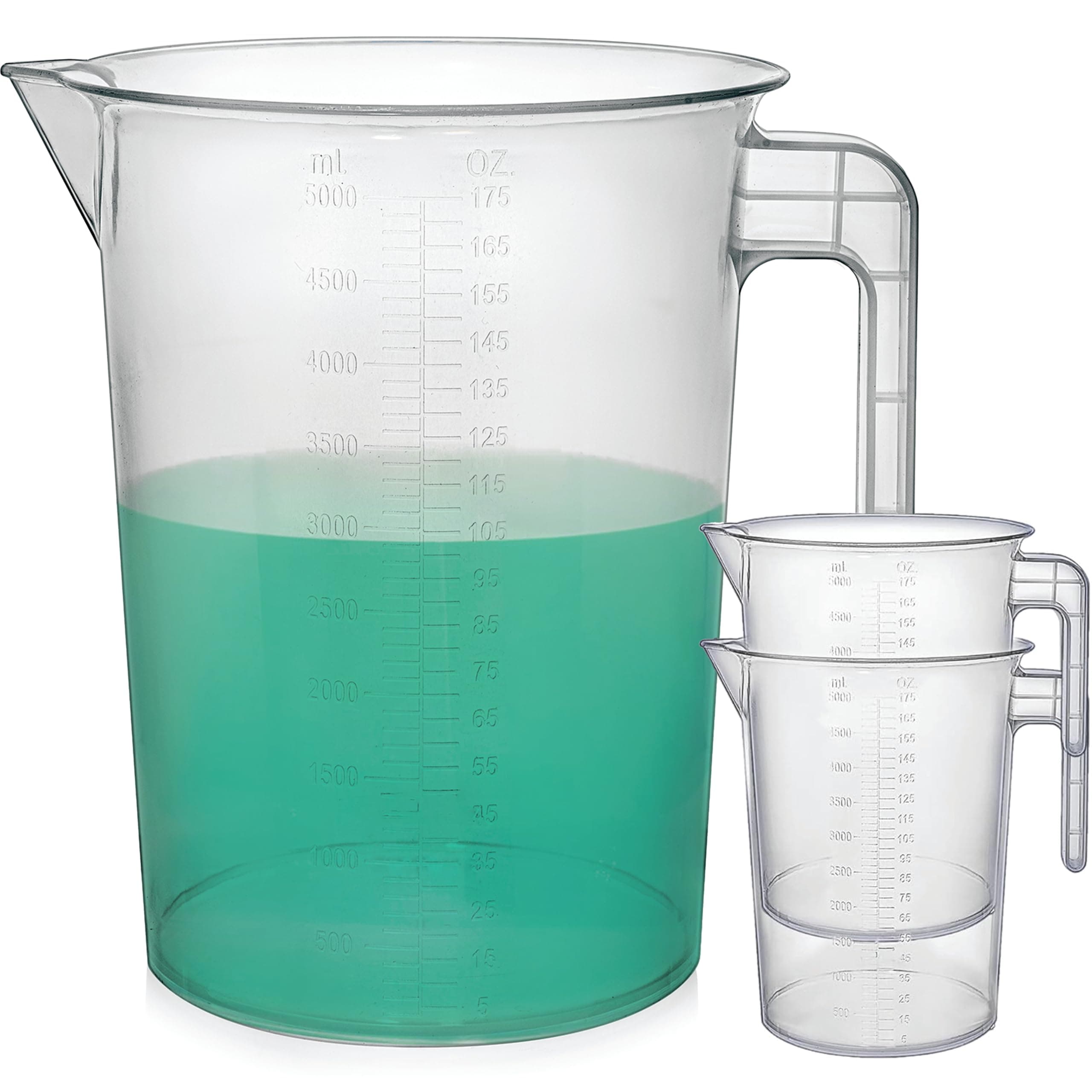 5 Liter Measuring Pitcher 3-Pack | 1.3 Gallon Shatterproof Plastic Large Graduated Mixing Pitchers, 1 to 2 Gallons (5L, 5000ml)