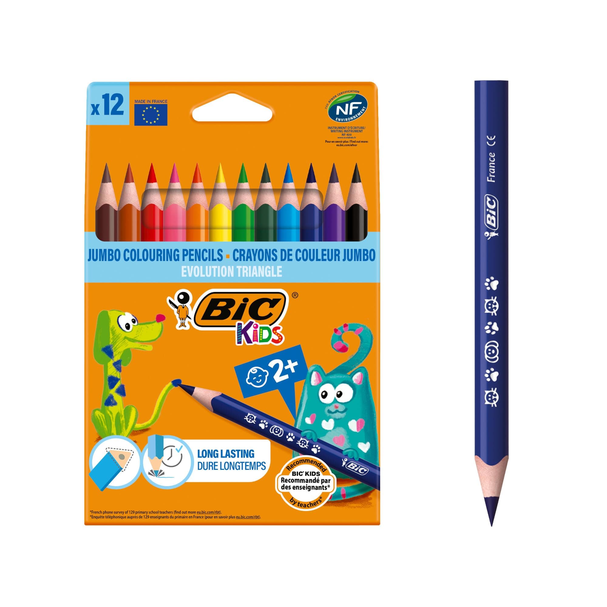BIC Kids Evolution Triangle Coloured Pencils, Colouring Pencils Ideal for Small Kids 2 Years and Up to Place Fingers, Extra Resistant BIC Pencils, School Supplies, 12 Pack