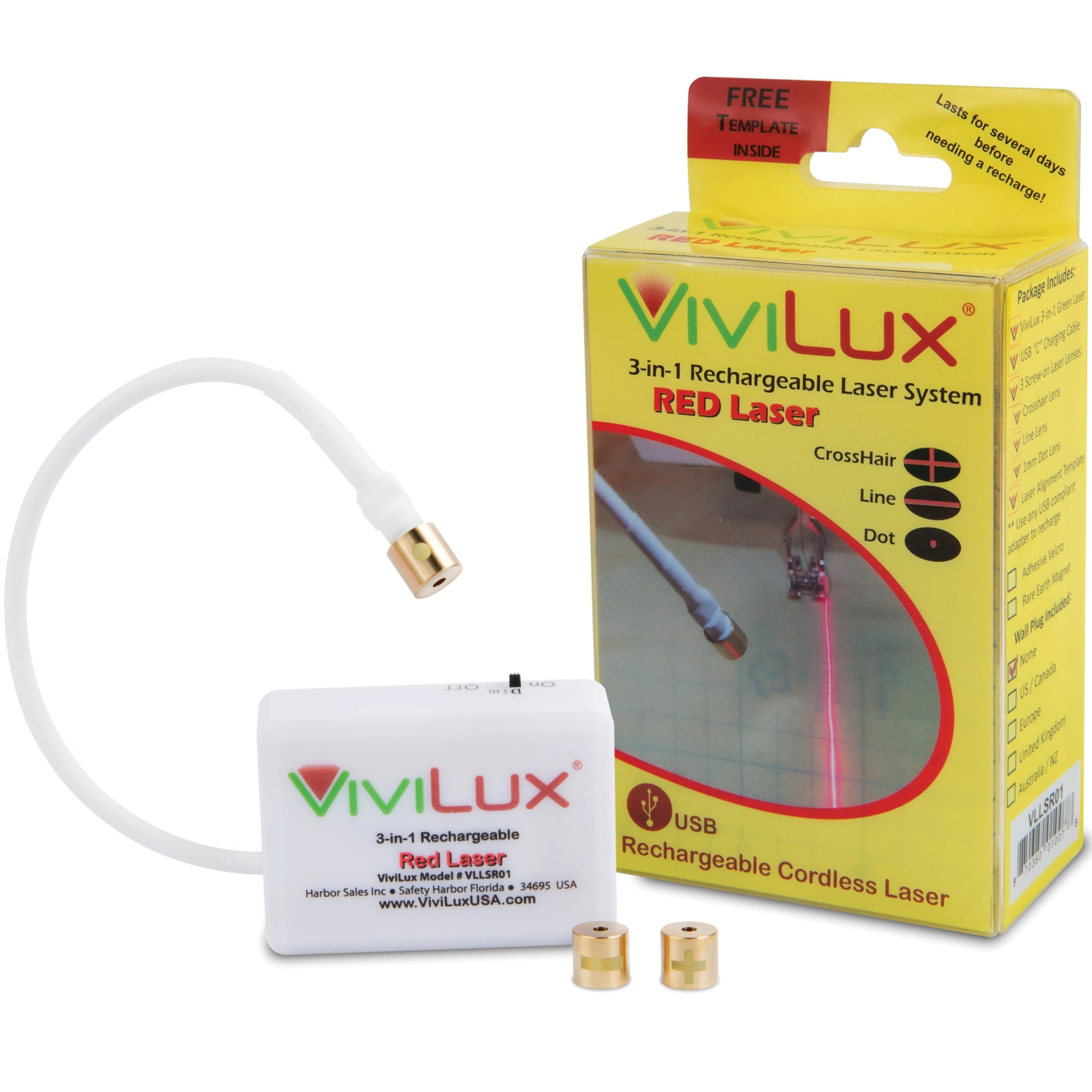 ViviLux 3-in-1 Rechargeable Red Laser System, Adjustable Line, Crosshair, Dot Illumination Head; Innovative sewing and quilting concept for precise stitching; Hook and loop tape installs