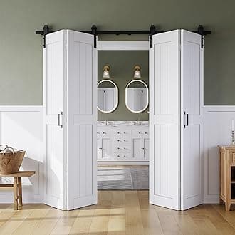 Bifold Barn Door 64" x 84", MDF Bi-Fold Sliding Closet Doors with Hardware Kit Included, Pre-Finished Easy Assembly, Water-Proof PVC Surface & Save Space, H-Frame, 72" Track for 4 Doors,White