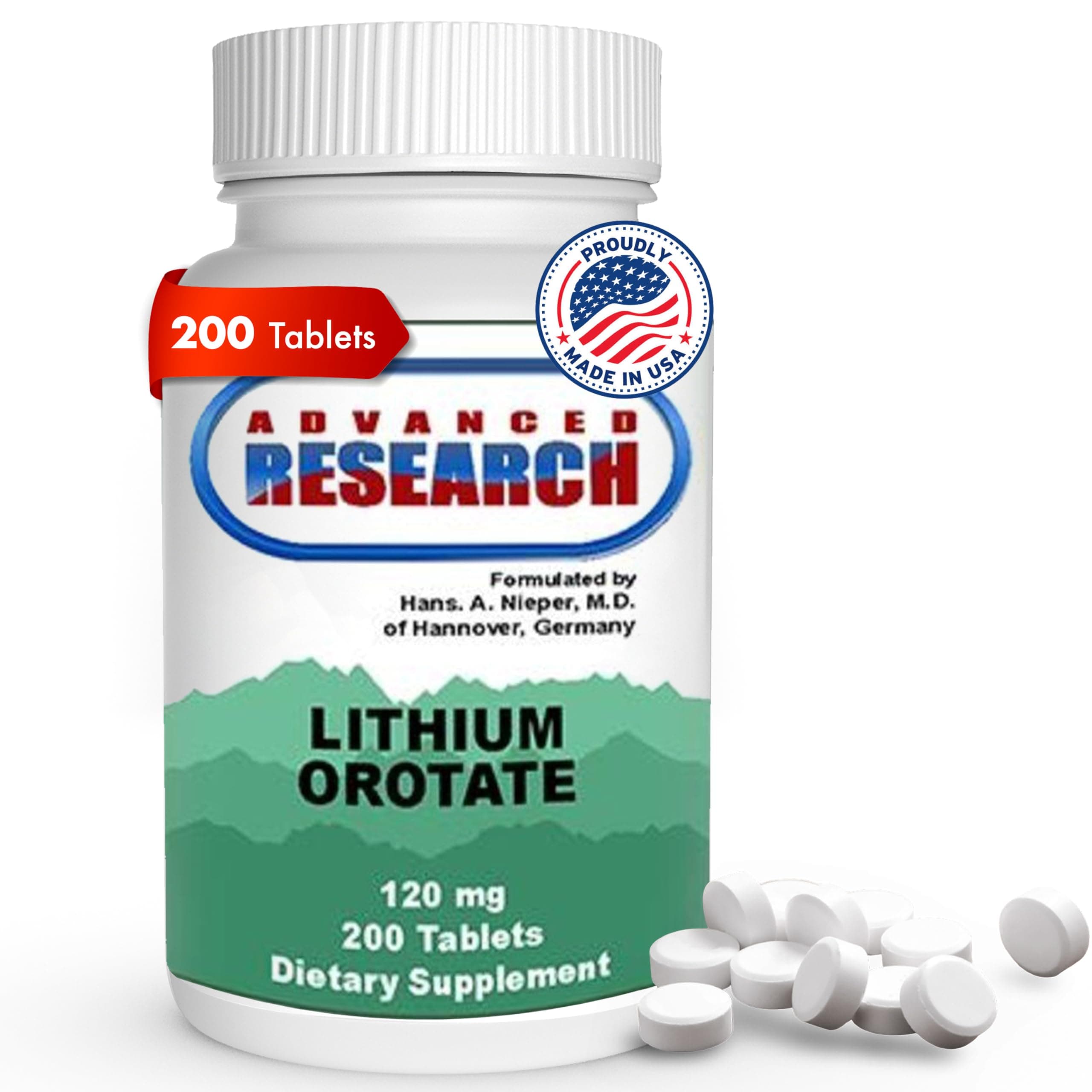 Dr. Hans Nieper Lithium Orotate 5mg, 200 Count, Lab Tested, Non-GMO, Gluten Free, Vegan Friendly, Supports Brain Health