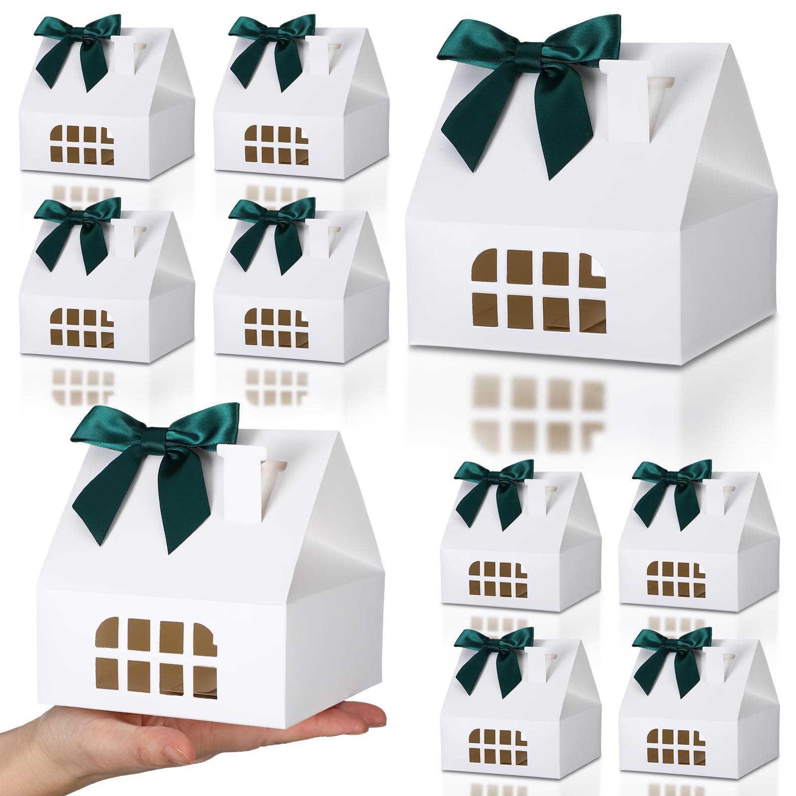 Cholemy36 Pcs House Shaped Gift Boxes with Bow, 4.9 x 4.9 x 4.9 Inch House Shaped Paper Candy Treat Dessert Biscuit Cookie Box Gift Wrap for Wedding Birthday Party Christmas(White, Green)