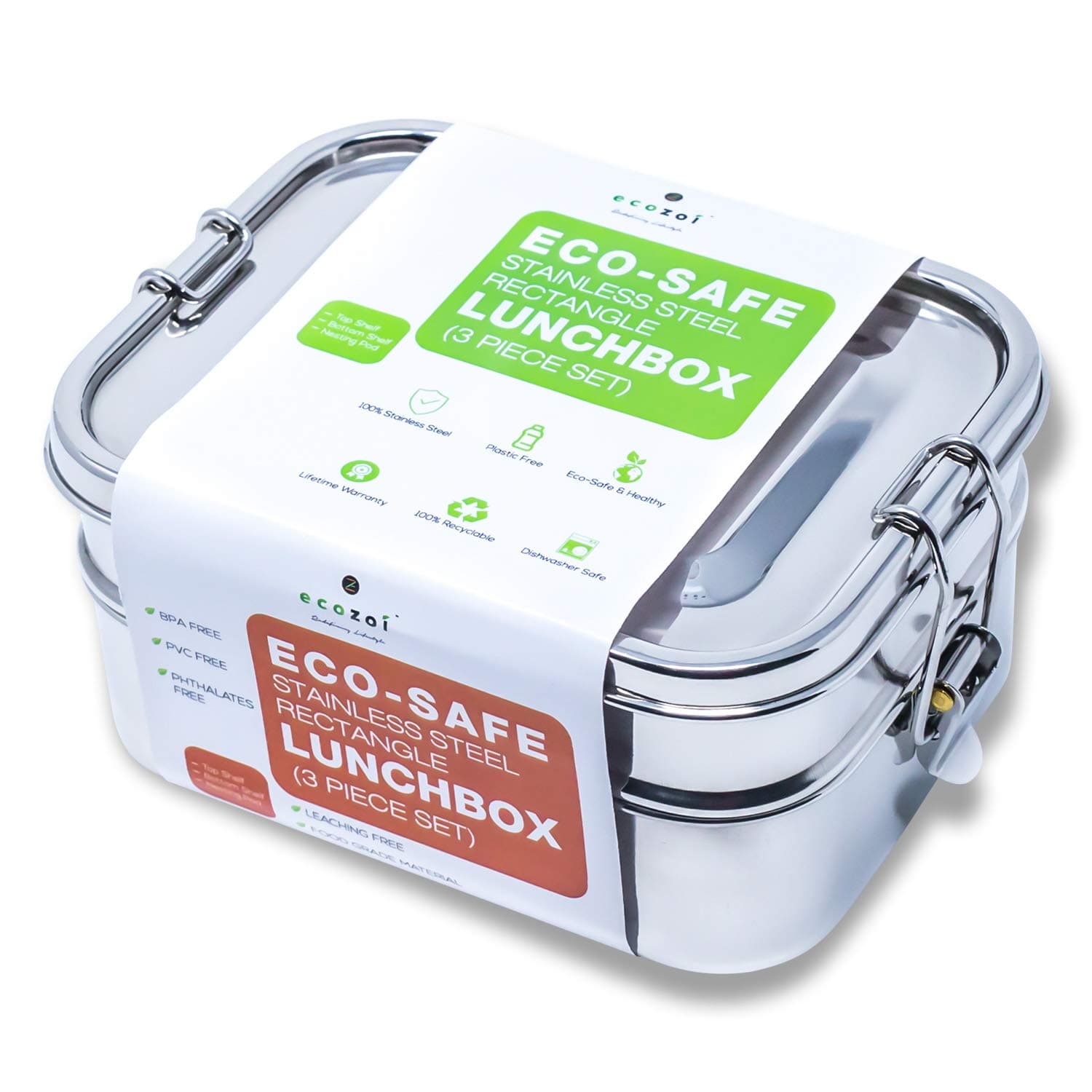 ecozoi Leak Proof Stainless Steel Lunch Box, 3-in-1 Eco Bento Box | Redesigned Silicone Seal + Bonus Lunch Pod | Sustainable Tiffin Eco Friendly Metal Bento Box Food Storage Containers
