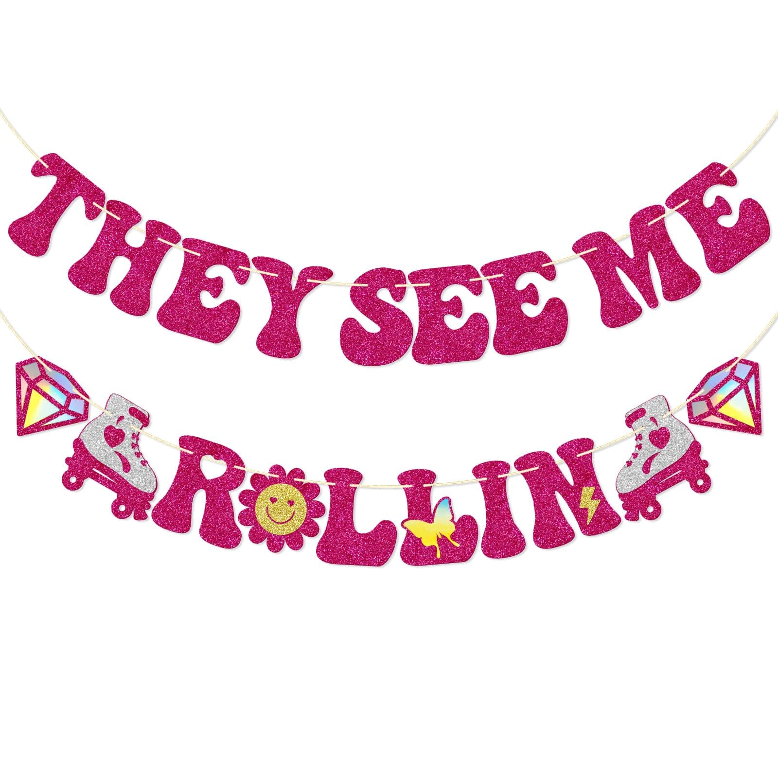 Qttier They See Me Rollin, Roller Skating Party Decor, Roller Skate Party Decorations, Roller Skate Birthday Decorations, 90s 80sTheme Party Decor, Pink Glitter, Pink, Silver, Gold