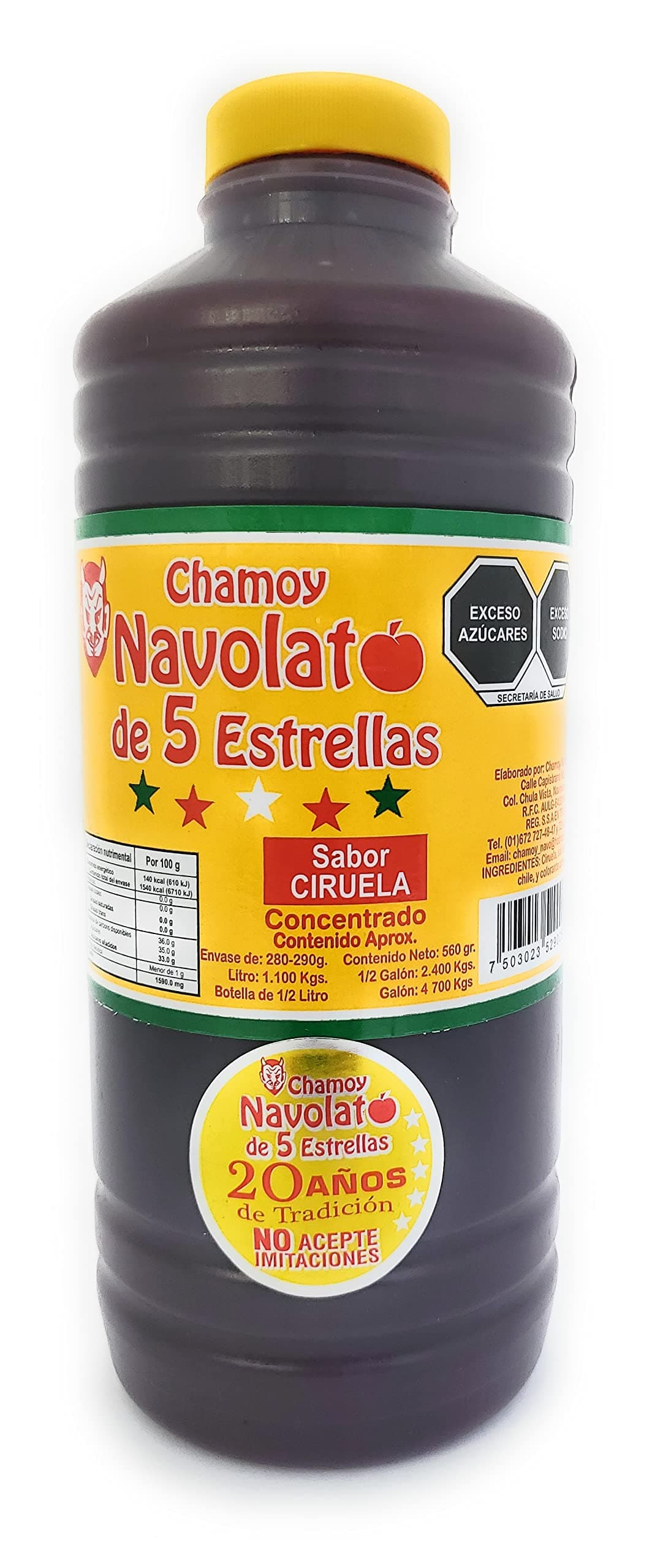 Chamoy Navolato de 5 Estrellas with Real Fruit Pulp, A Mexican Classic, Sweet, Spicy, Salty, Fruity, Snack, Michelada Sauce (1 Liter) (Ciruela)