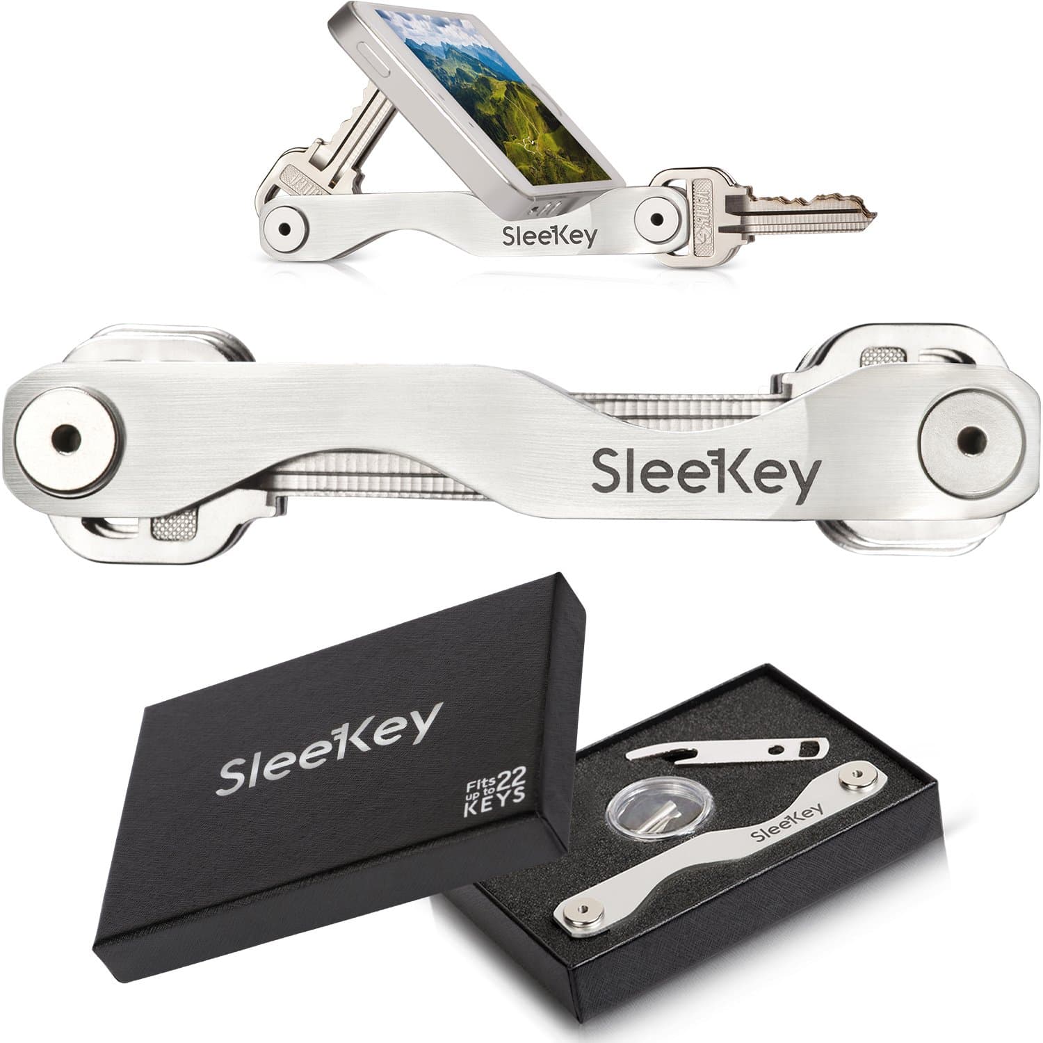 Smart Compact Key Holder Keychain - Gadget Pocket Organizer (Silver) Including Bottle Opener & Key Loop for Car FOB (Fits up to 22 Keys and Multitools)