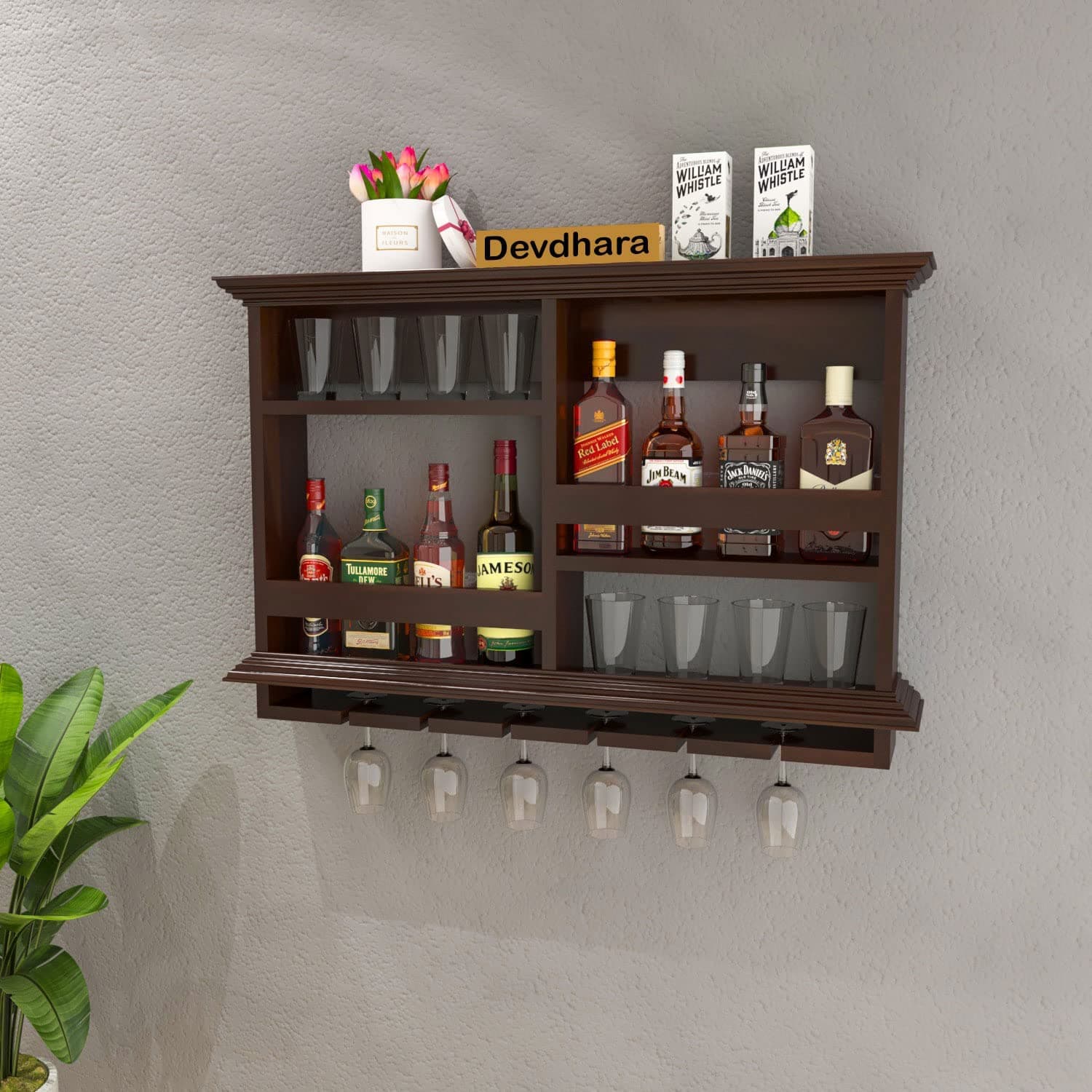 - Solid sheesham Wood Wine Rack bar Cabinet with 8 Wine Bottle Storage and 6 Glass Holder for Home bar Furnishing.