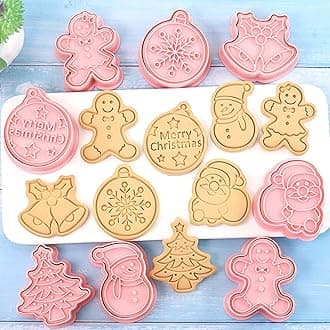 8 Piece Mini Christmas Cookie Cutters - 3D Raised Design Cookie Stamps - Mini Snowman, Jingle Bell, Santa, Gingerbread Man, Baking Molds - Christmas Ornament Cookie Cutter Set