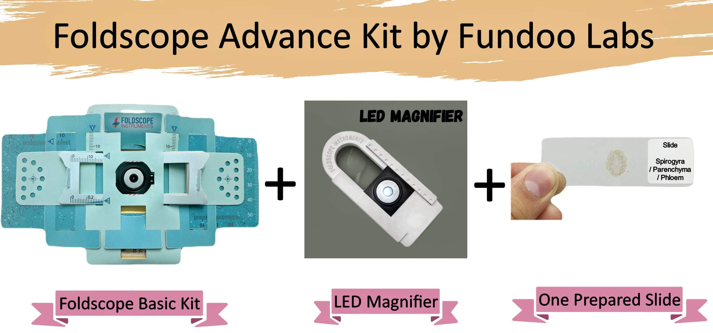 Foldscope Advance Kit - 100% Genuine DIY Microscope + LED Magnifier + One Prepared Slide by Fundoo Labs
