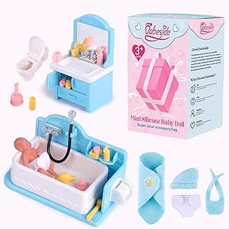 Mini Silicone Baby Dolls, 3 Inch Realistic Newborn Baby Doll Full Silicone Sleeping Little Baby Dolls Mini Real Life Baby Girl Miniature Baby with Bathroom Toy Set Accessories(Blue)