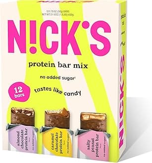 NICKS Protein Bars Variety Pack, Protein-Packed Snack, Low Calories, Low Carb Keto Friendly Snacks No Added Sugar, Salty Peanut, Chocolate Caramel and Almond Chocolate (12 Pack)