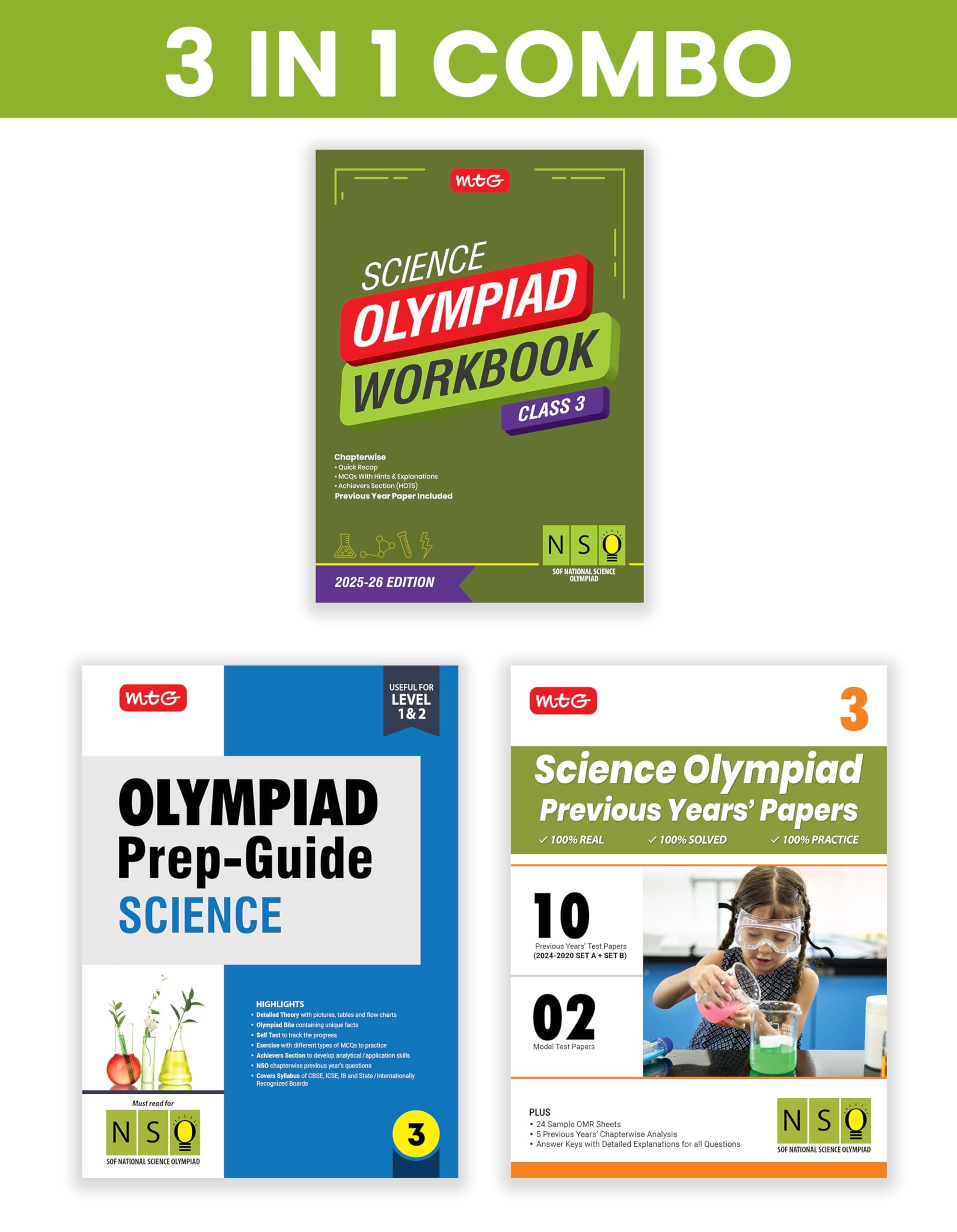 MTG Class-3 National Science Olympiad (NSO) Workbook, Prep-Guide & Previous Years Papers (PYQs) with Mock Test Paper (Set of 3 Books) - SOF Olympiad Books For 2025-26 Exam Paperback – 14 April 2025