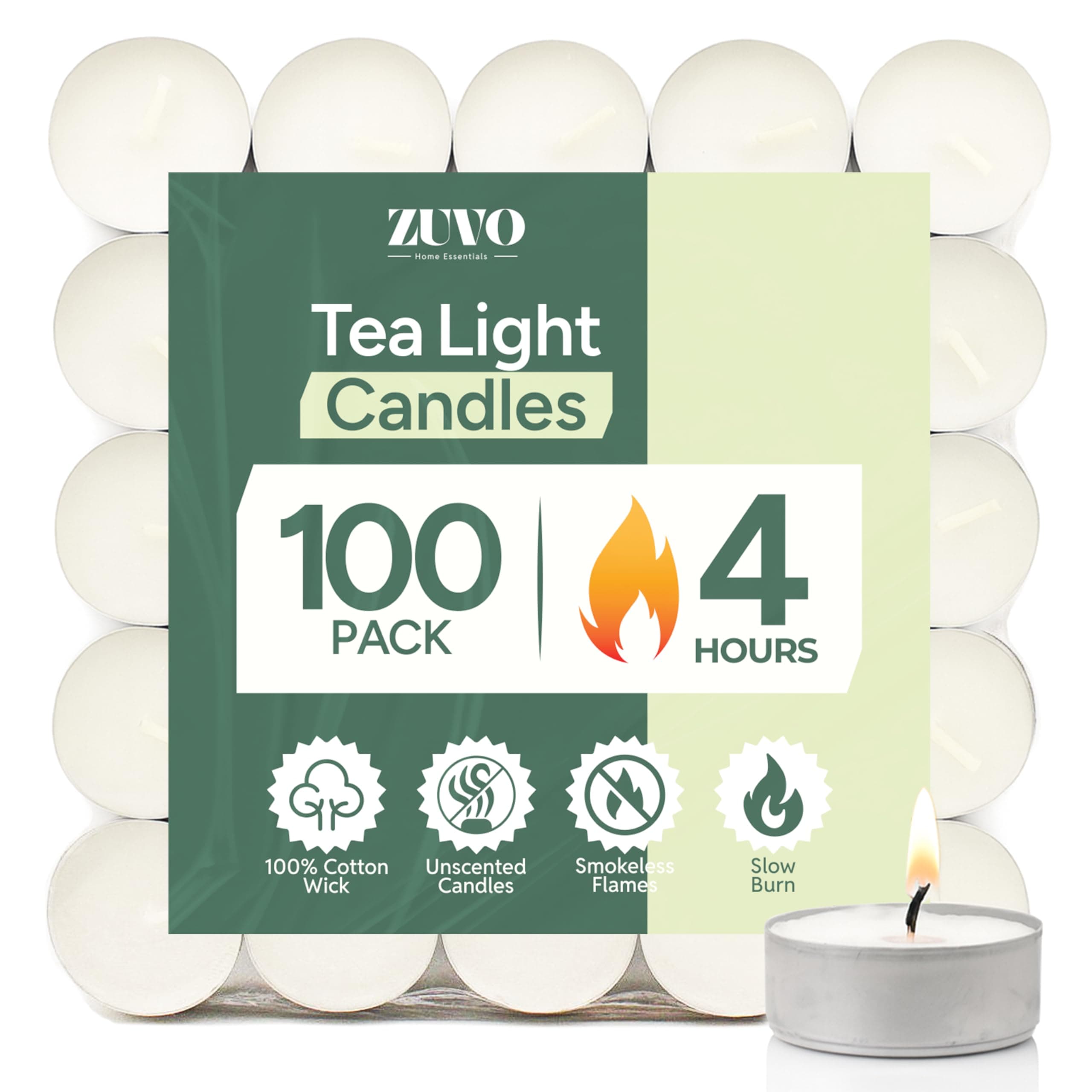 4-Hour Unscented Tea Light Candles (100-Pack) - Long-Lasting with Cotton Wicks, Clean Burning, 3.8 × 1.3 cm, White