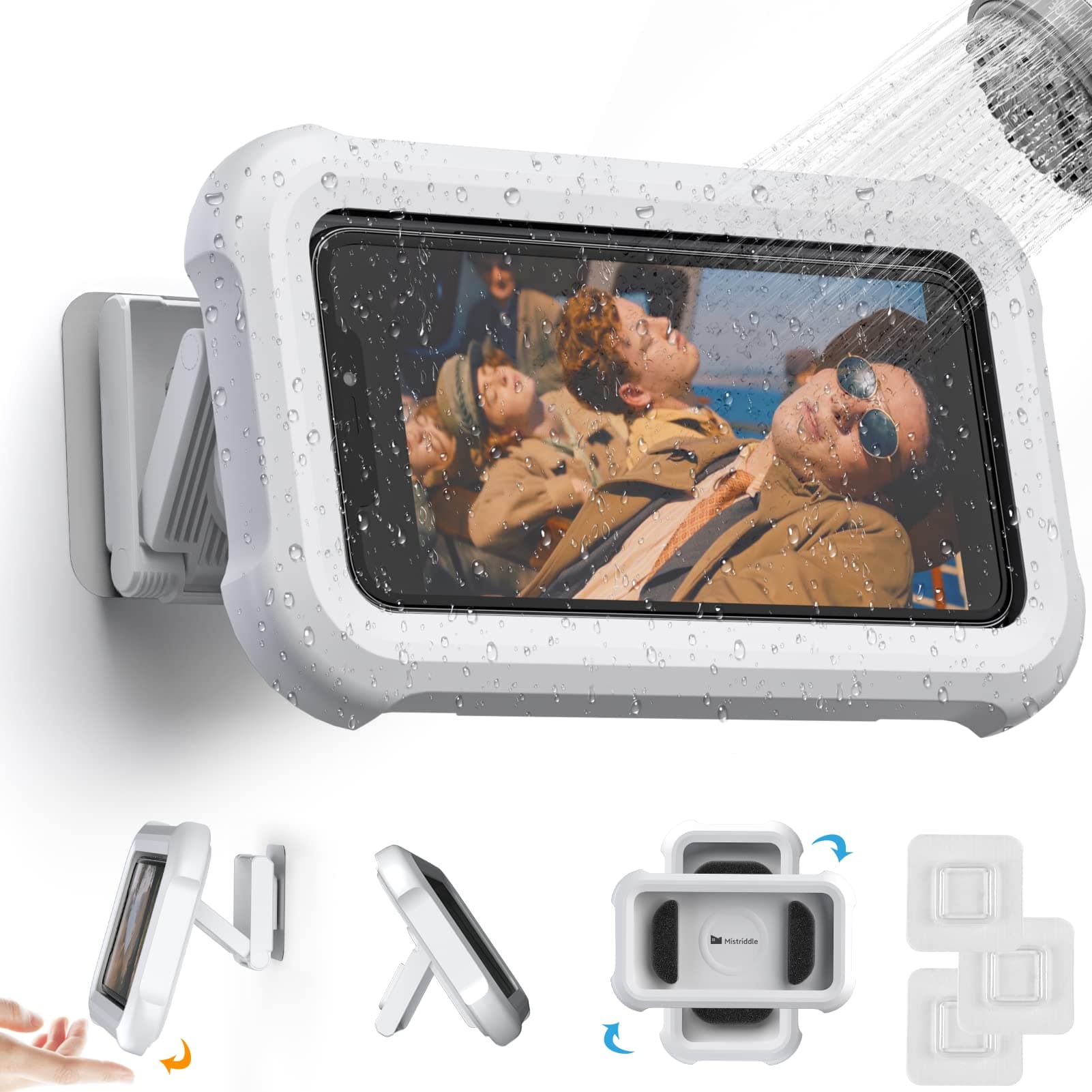 Waterproof Shower Phone Holder with 360 Rotation, Angle Adjustable, Wall Mounted Phone Holder for Bathroom Mirror Bathtub Kitchen, Up to 6.8 Inch (Upgraded).