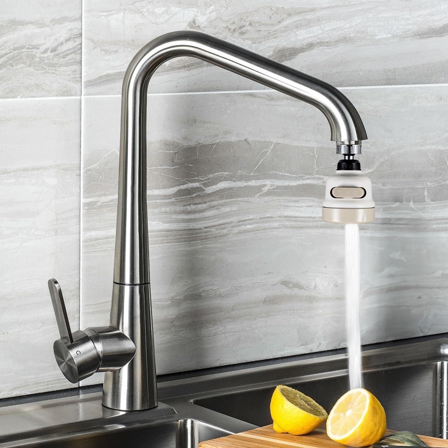 SBD Table Mounted Kitchen Sink Faucet Extender with Triple Flow | Tap Extension Only/Head, Faucet Filter Shower Head Nozzle Adapter (3 Modes), White and Grey, 1589 Faucet Extension