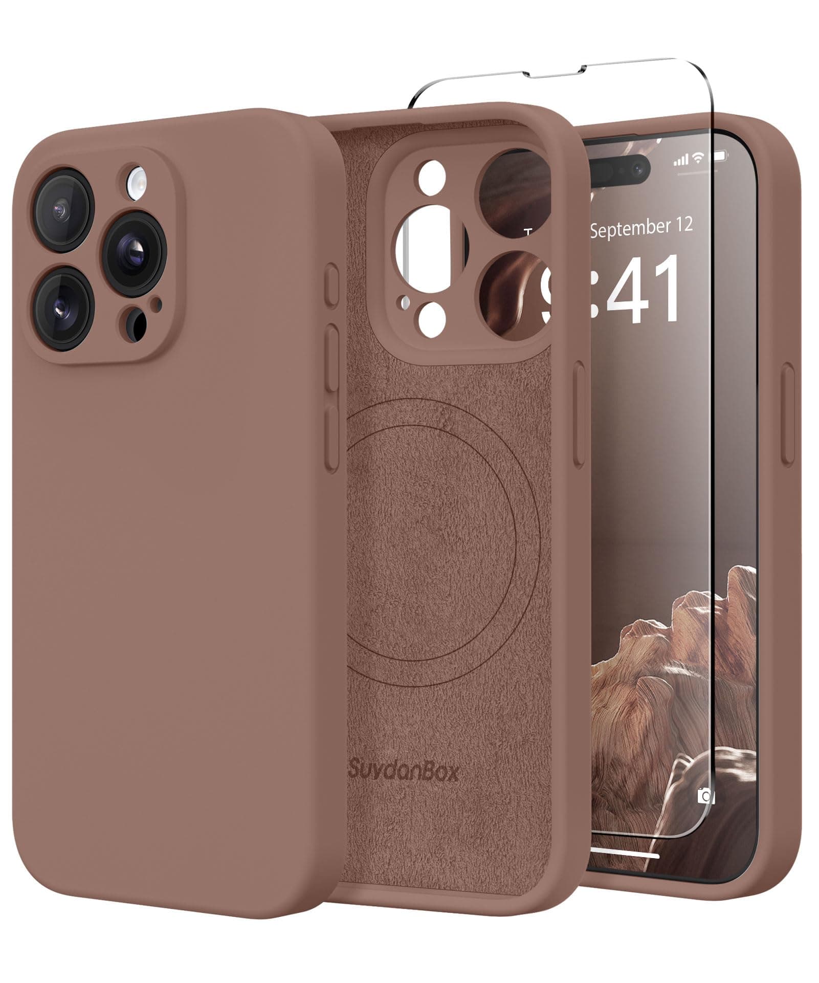 Magnetic for iPhone 14 Pro Case, Compatible with MagSafe, [Full Camera Protection][Screen Protector] Silicone Shockproof Protective Phone Case for iPhone 14 Pro 6.1", Brown