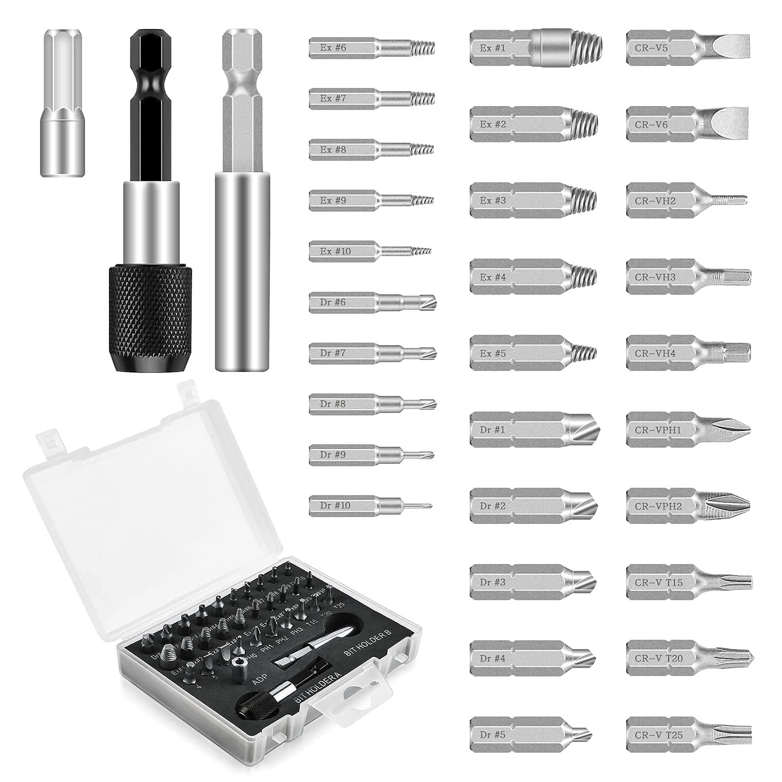 ZUOMIDIE 33 PCS Damaged Screw Extractor Set, Multi-Purpose Easy Out Screw Remover and Bolt Stripped Extractor with Magnetic Extension Bit, for Removing Stripped or Broken Screws Extractor