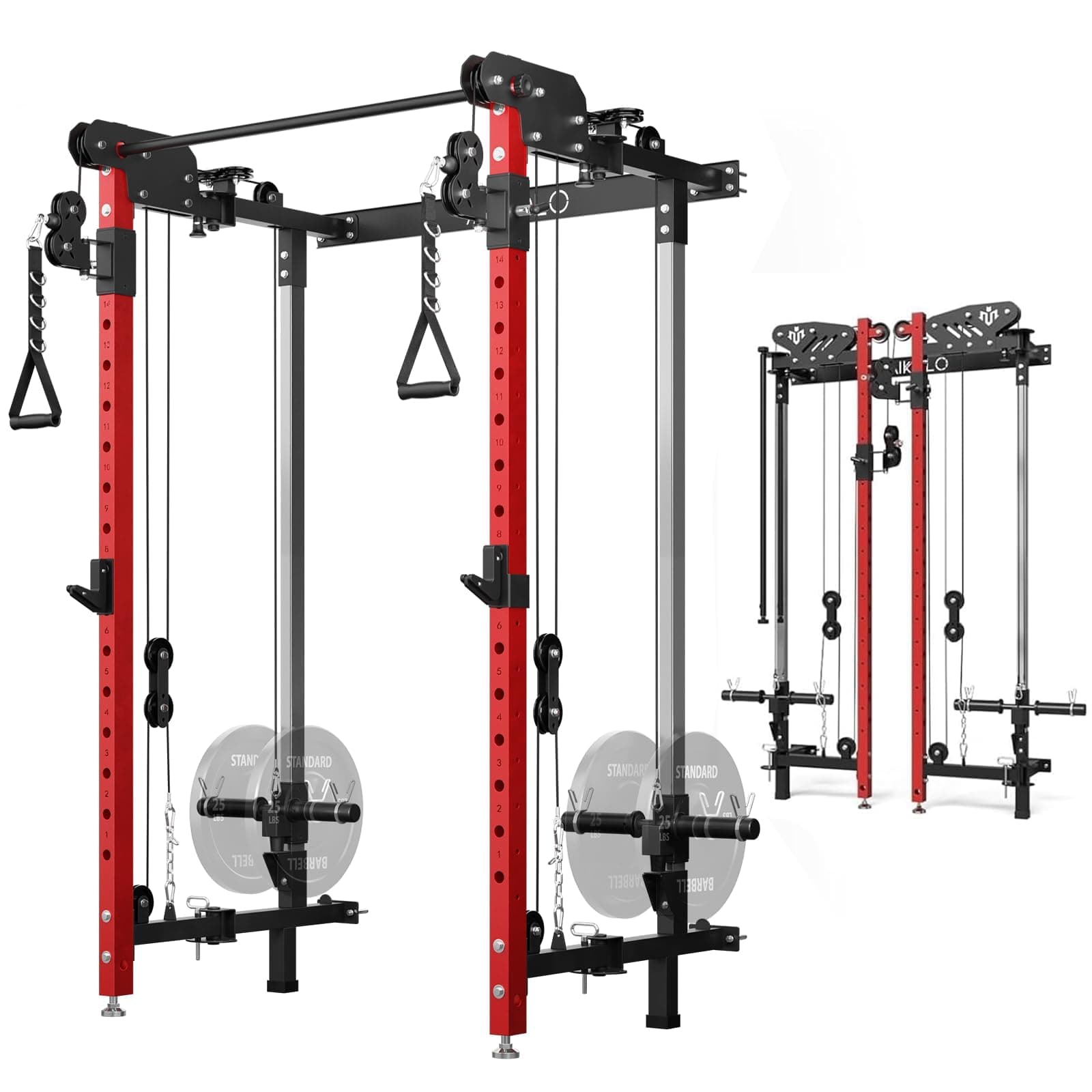 Folding Squat Rack, Wall Mounted Power Rack with Cable Crossover Machine & LAT Pull Down Machines, Functional Trainer with 5 Adjustable Function Modes, for Home Gym and Space Saving
