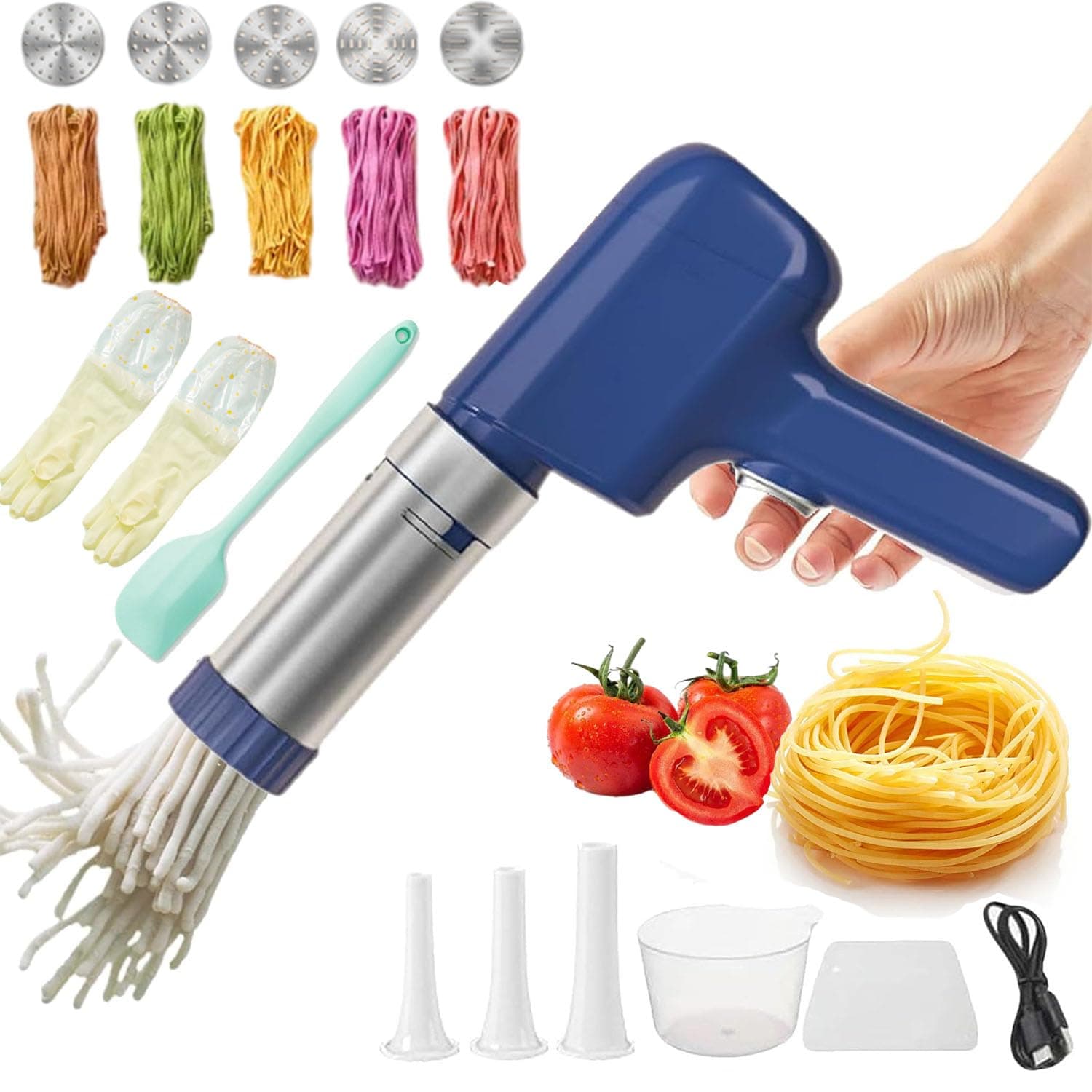 Maker Electric, Maker with 5 Interchangeable Mold Plates, Handheld Electric Pasta Maker, All-In-One Homemade Pasta Machine (Blue)