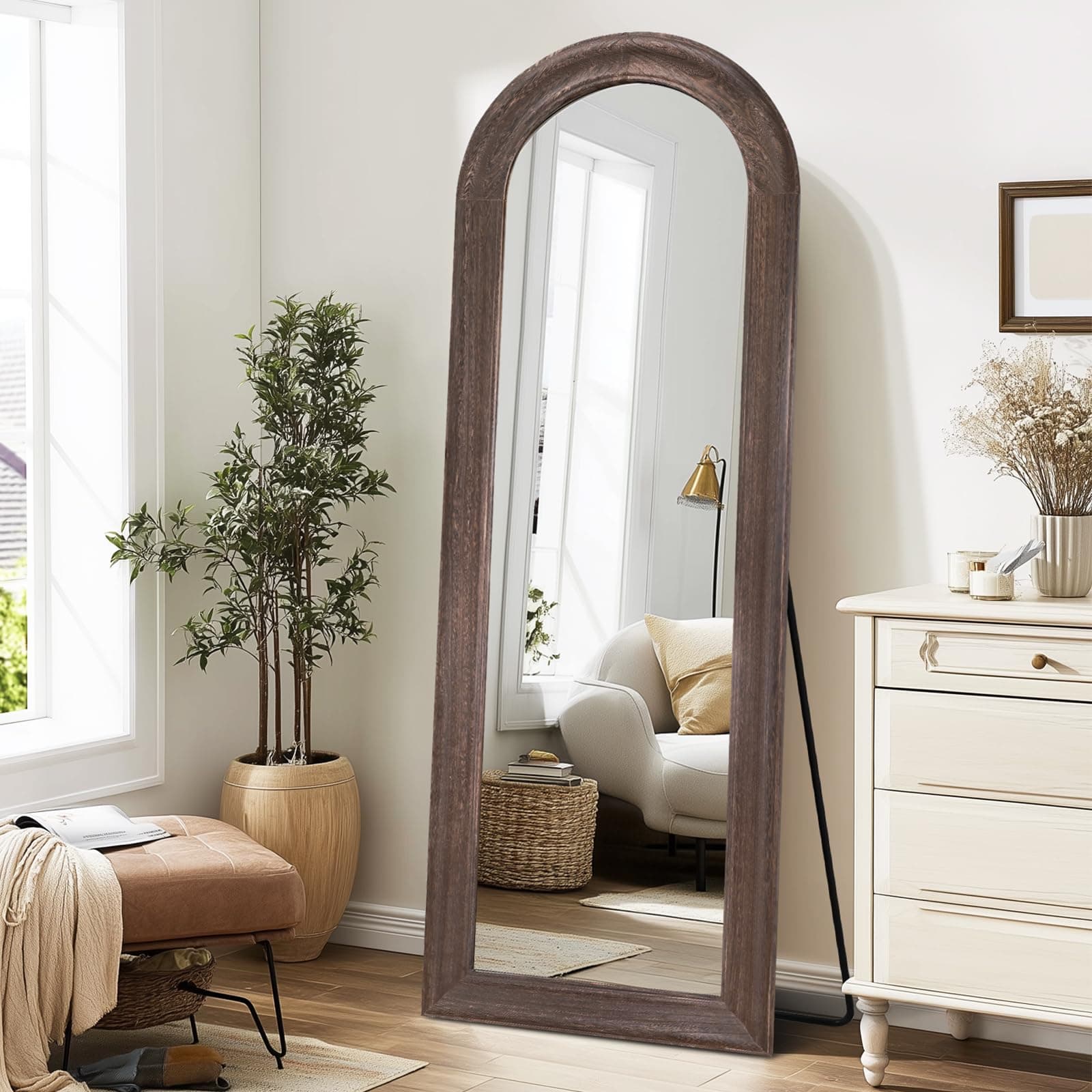Solid Wood Full Length Mirror - 65"x22" Arched Floor Mirror, Free Standing & Wall Mounted - Elegant Design for Bedroom, Dressing Room, Hallway, Brown