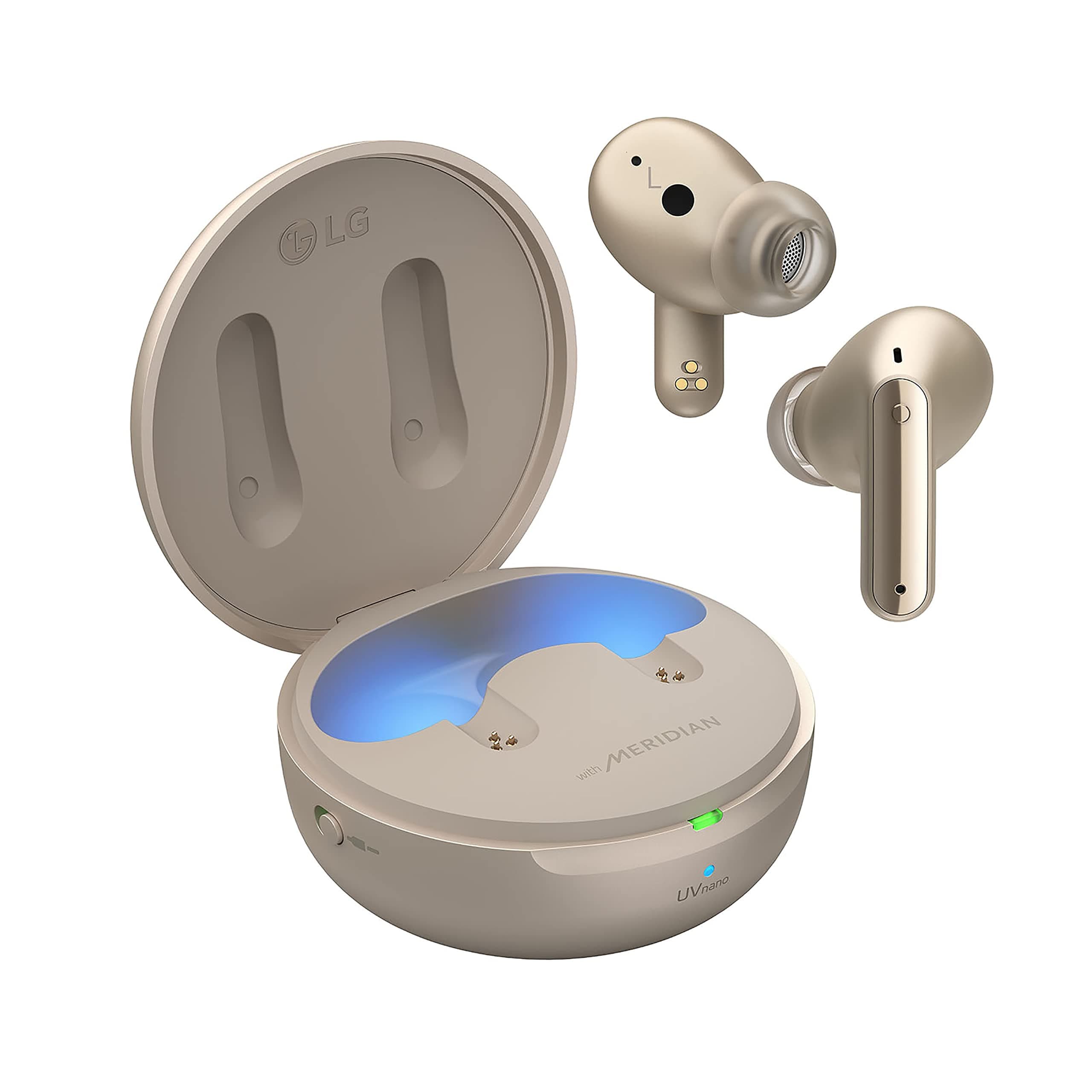 LG TONE Free FP9E - Active Noise Cancelling True Wireless Bluetooth Earbuds with Plug & Wireless connection, UVnano Charging Case, Flex Action Bass ™, and IPX4 Water Resistant (Gold)