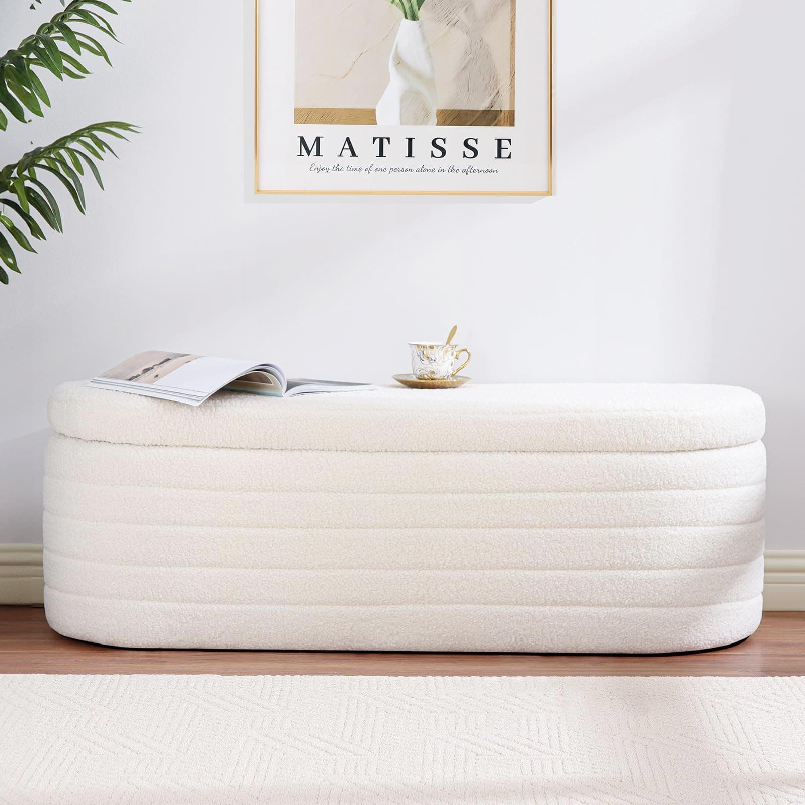 Ottoman Storage Box, Teddy Upholstered Fabric Large Storage Bench End of Bed Stool with Safety Hinge Footstool for Bedroom, Living Room, Entryway - Oval