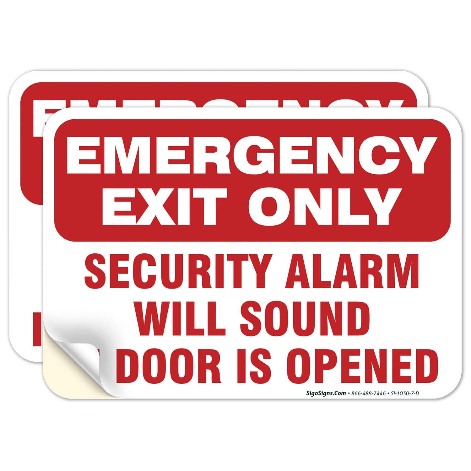 (2 Pack) Emergency Exit Only Sign, Self Adhesive 7 X 10inches 4 Mil Sleek Vinyl Decal Stickers Weather Resistant Long Lasting UV Protected and Waterproof Made in USA by Sigo Signs