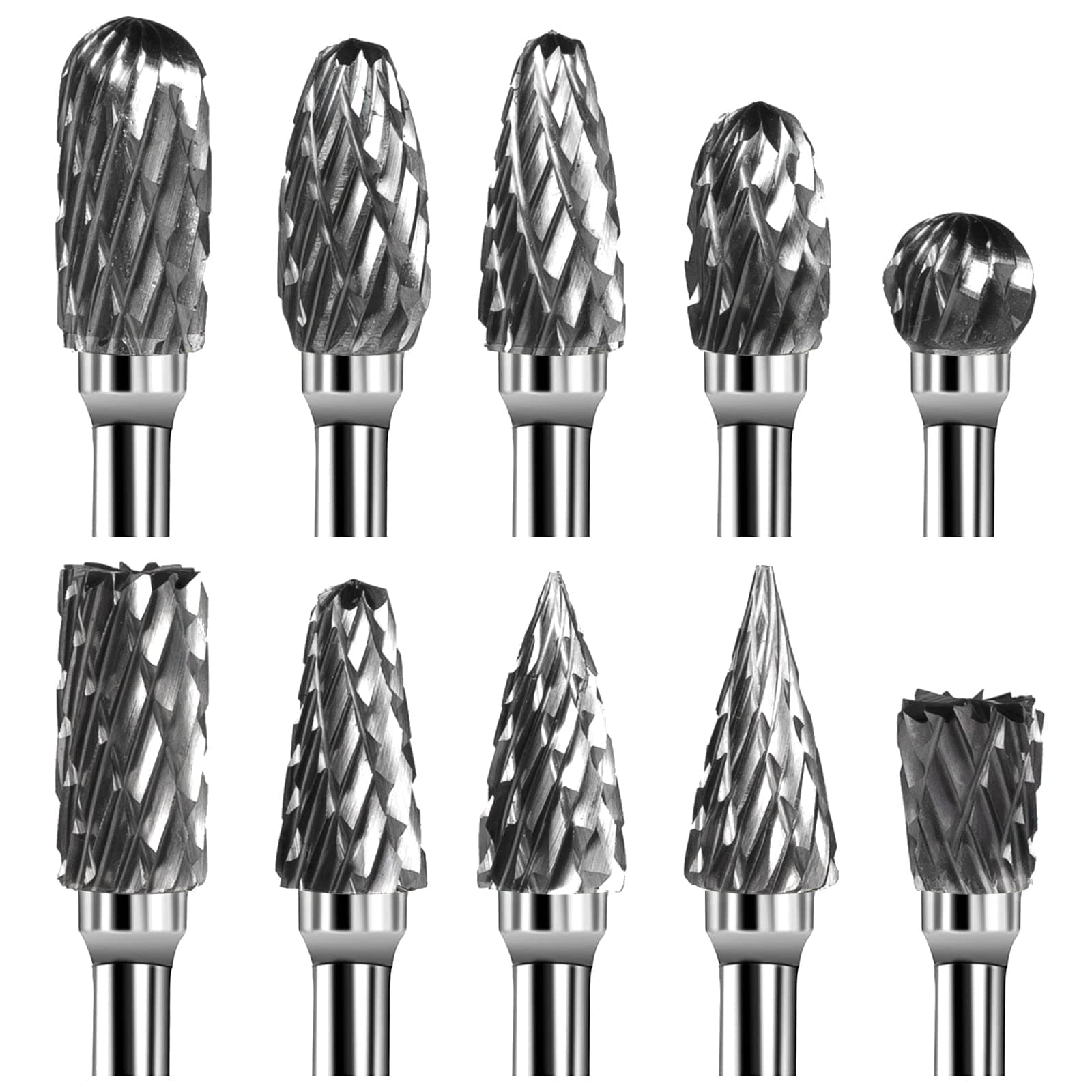 10pcs Carbide Burrs Set - Double Cut Die Grinder Bits, 1/8" Shank Rotary Tool Bits Compatible with Dremel for Wood Carving, Metal Polishing, Engraving, Porting, Trimming, Drilling
