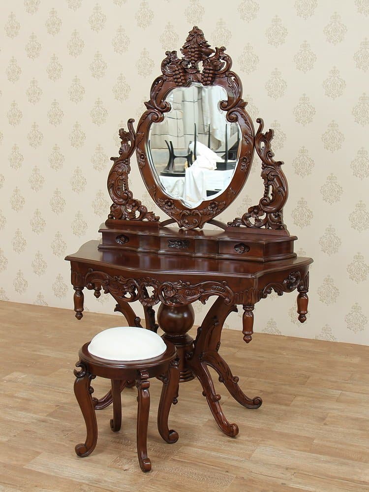 3 Pc Solid Mahogany French Rococo Vanity Desk w/ Carved Mirror & Stool Set