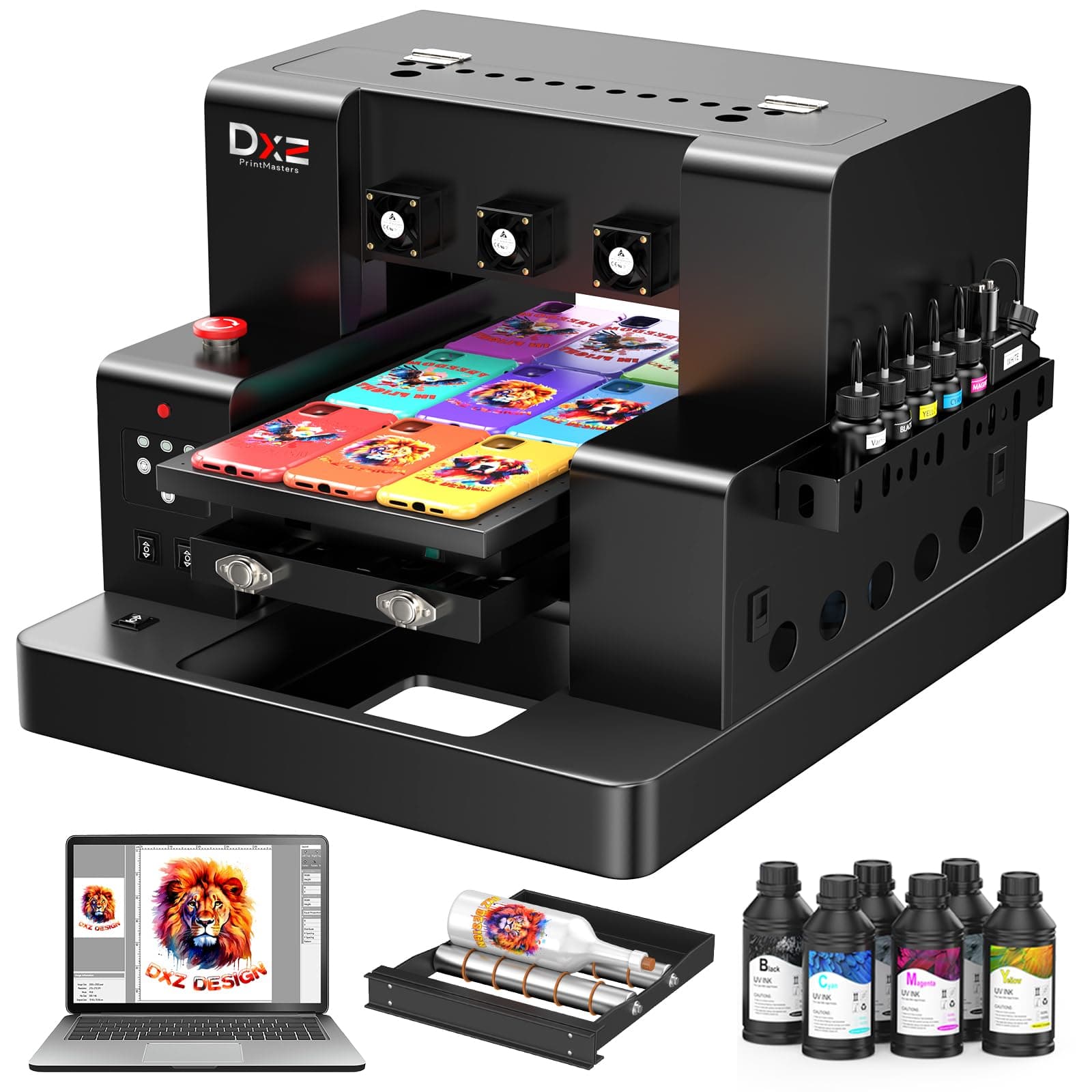 DXZ A3 UV Printer with Laptop,Automatic L805 UV Flatbed Cylinder Printer with Varnish 100% Transfer Rate for Phone Case,Acrylic,Metal,Leather,Golf,Bottle,2-Year Ink Included