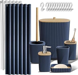 Clara Clark Bathroom Accessories Set - Navy Bathroom Set, 20PC Bathroom Accessory Set, Shower Curtain Set, Toilet Brush, Trash Can & Soap Dispenser