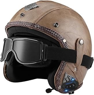 Motorbike Open Face Bluetooth Helmet Retro Jet Motorcycle Leather Helmet Adult Half Helmet with Fashion Goggles ECE Approved Men's and women's 3/4 helmets Moped Scooter