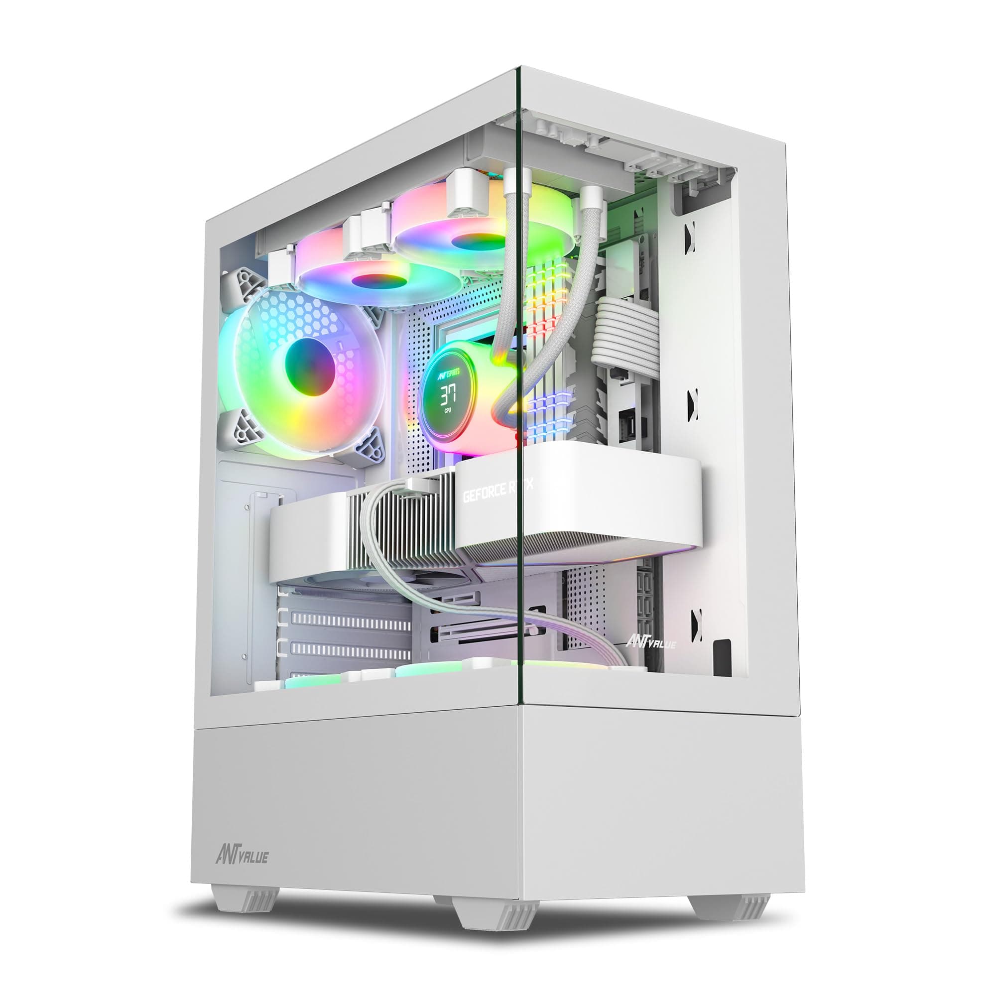 Ant Value Tempered_Glass CV100 Mid-Tower Computer Case/Gaming Cabinet – White | Support ATX, M-ATX, ITX | Pre-Installed 2 Top & 1 Rear Rainbow Fans