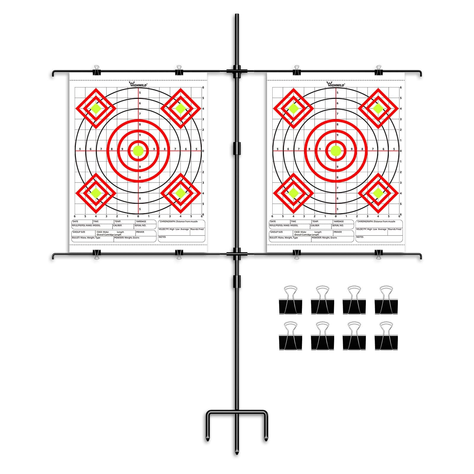 Highwild Adjustable Paper Target Stand, Frame with 8 Clips | Clear Bullseye Targets Sheet for Shooting Practice