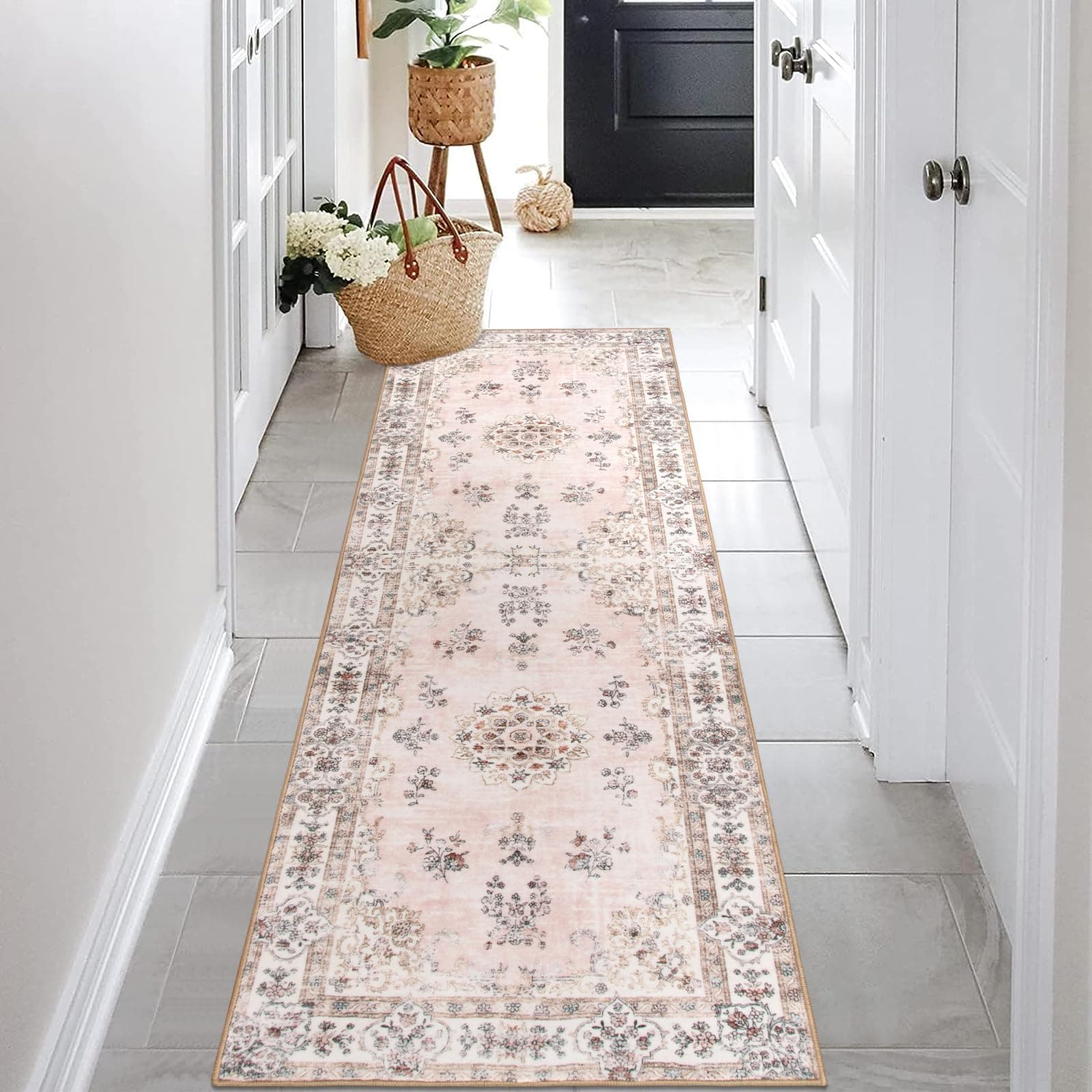 Lahome Pink Runner Rug 2'6"x8' with Rubber Backing, Boho Machine Washable Carpet Runners for Hallways Entryway Non-Slip, Soft Floral Pastel Indoor Mat for Bedroom Kitchen Laundry Bathroom RV