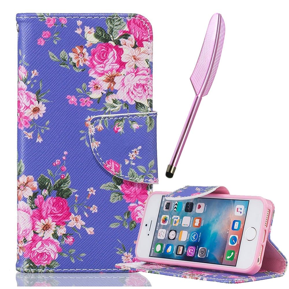 iPhone SE Flip Case, iPhone 5S PU Leather Cover Blue, Vioela Built-in Stand Leather Wallet Case Holster Flip Cover with Card Slots /Compartment for Apple iPhone 5S/5 & Apple iPhone SE with Free Stylus - Classic Pink Rose Floral Pattern