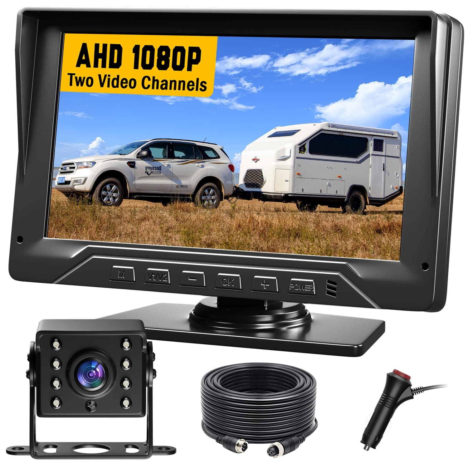 RV Rear View Camera Plug and Play 7 Inch Backup Camera for Truck Trailer No Delay 1080P HD 2 Channels 150° Wide Angle DIY Guide Lines Night Vision IP69 Rear View Camera