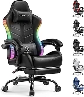 GTPLAYER RGB Gaming Chair with Footrest, Computer Gaming Chair with LED Lights for Adults, Height Adjustable PC Gamer Chair with 90-155° Recline & Removable Headrest Lumbar Support, RGB Black