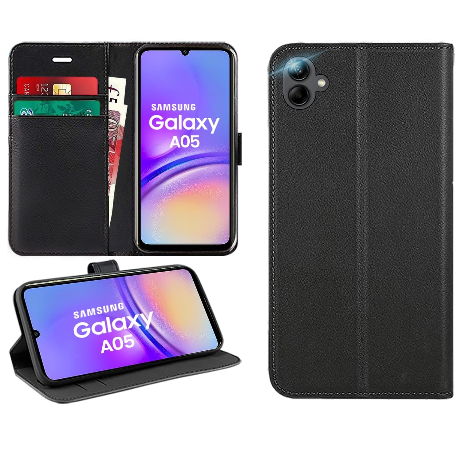For Samsung Galaxy A05 Case Flip Wallet [Card Holder] [Magnetic Closure] [Kickstand] PU Leather Phone Cover 6.6 inch (BLACK)