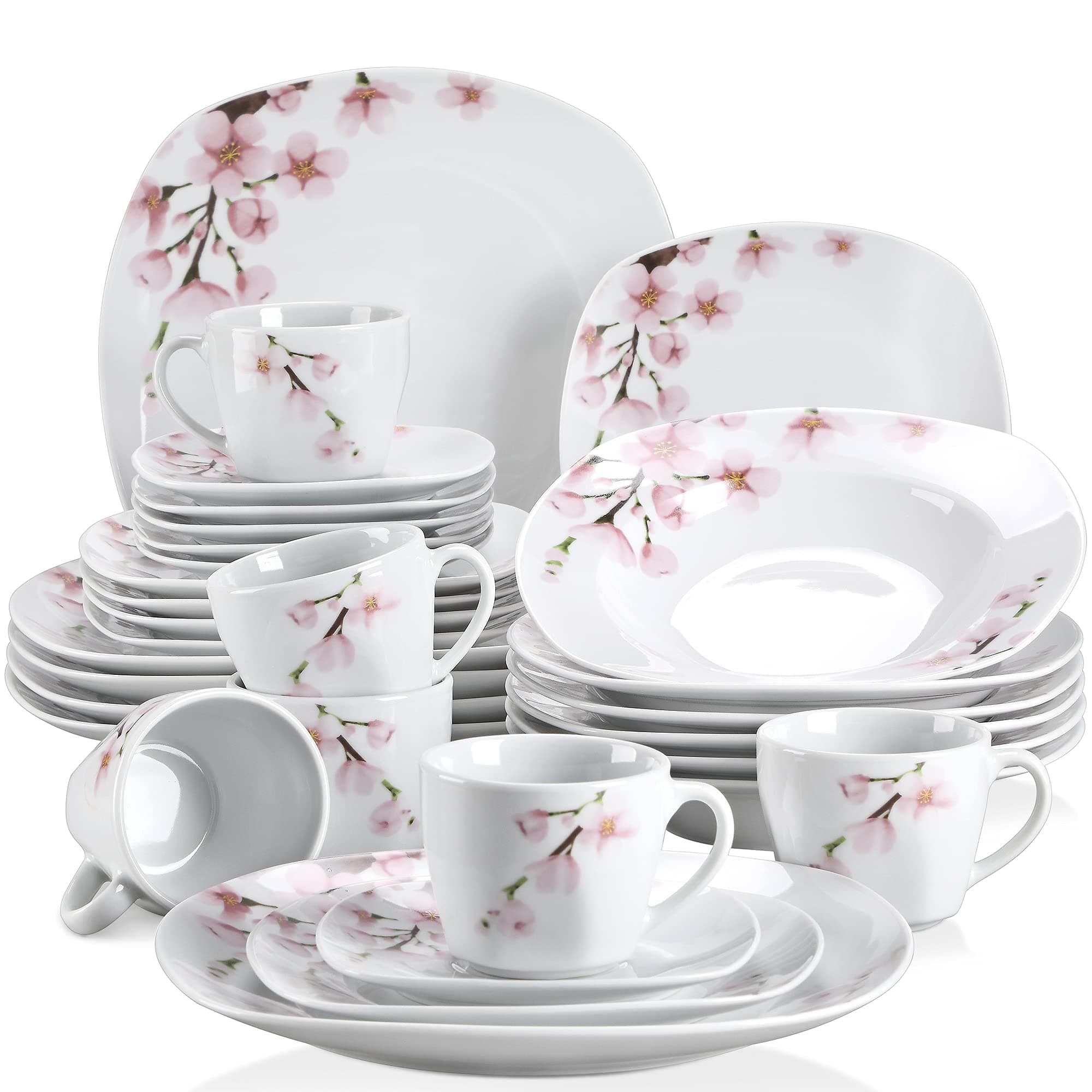 – Annie' 30-Piece Dinner Set, Ivory White Dinnerware Set, Pink Floral Tableware Set of Porcelain Plate Set, Cups and Saucers Set Service for 6, Dishwasher & Microwave Safe