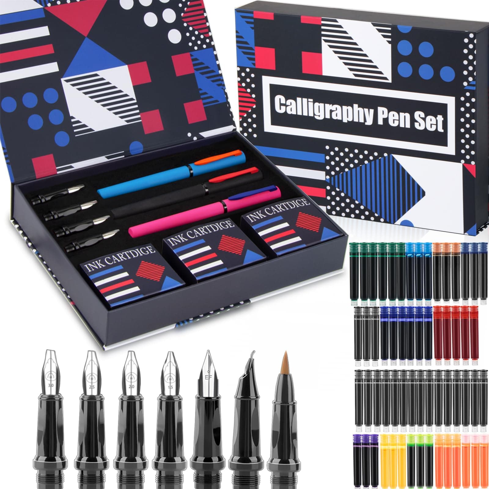 Calligraphy Pen Set,Fountain Pens with 7 Different Replaceable Nibs with 60 Ink Cartridges(12 Colors),Calligraphy Set for Beginner Writing Drawing