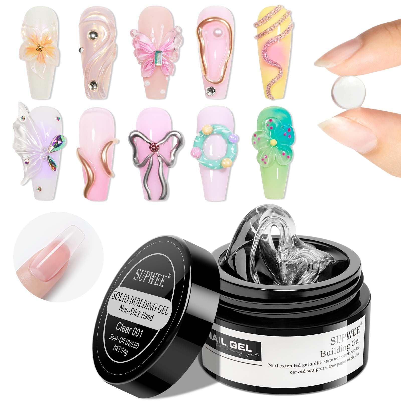 Supwee Solid Sculpture Builder Gel, Clear Non-Stick Hand Nail Extension Gel for Carving Patterns Decoration Nail Strengthen Hard Soak Off UV Nail Art Salon 14g(0.49fl oz)