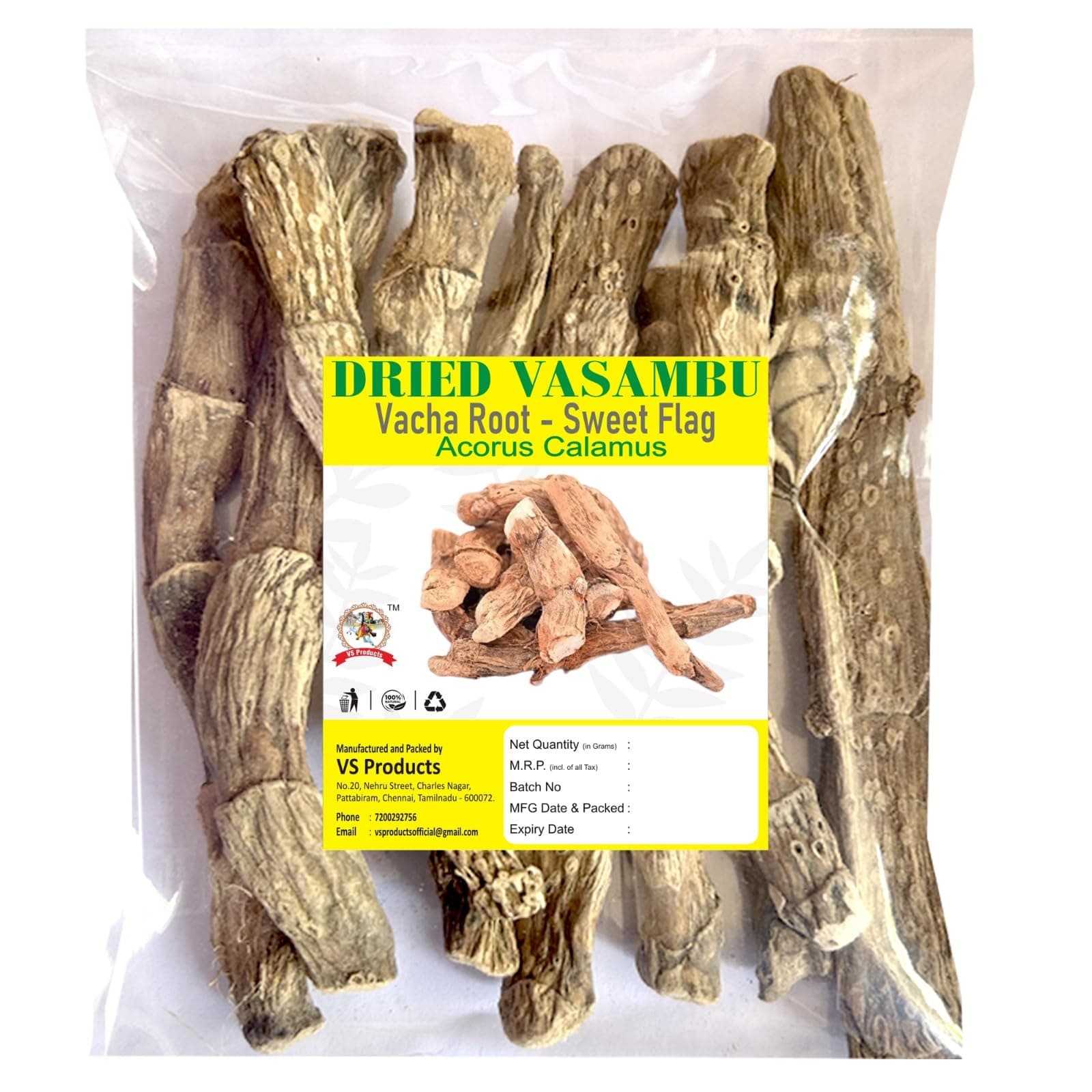 VS Products Dried Vasambu 150g, Vacha Root, Sweet Flag, Acrous Calamus, Vayambu Root (Pack of 1 x 100g, Pack of 1 x 50g)