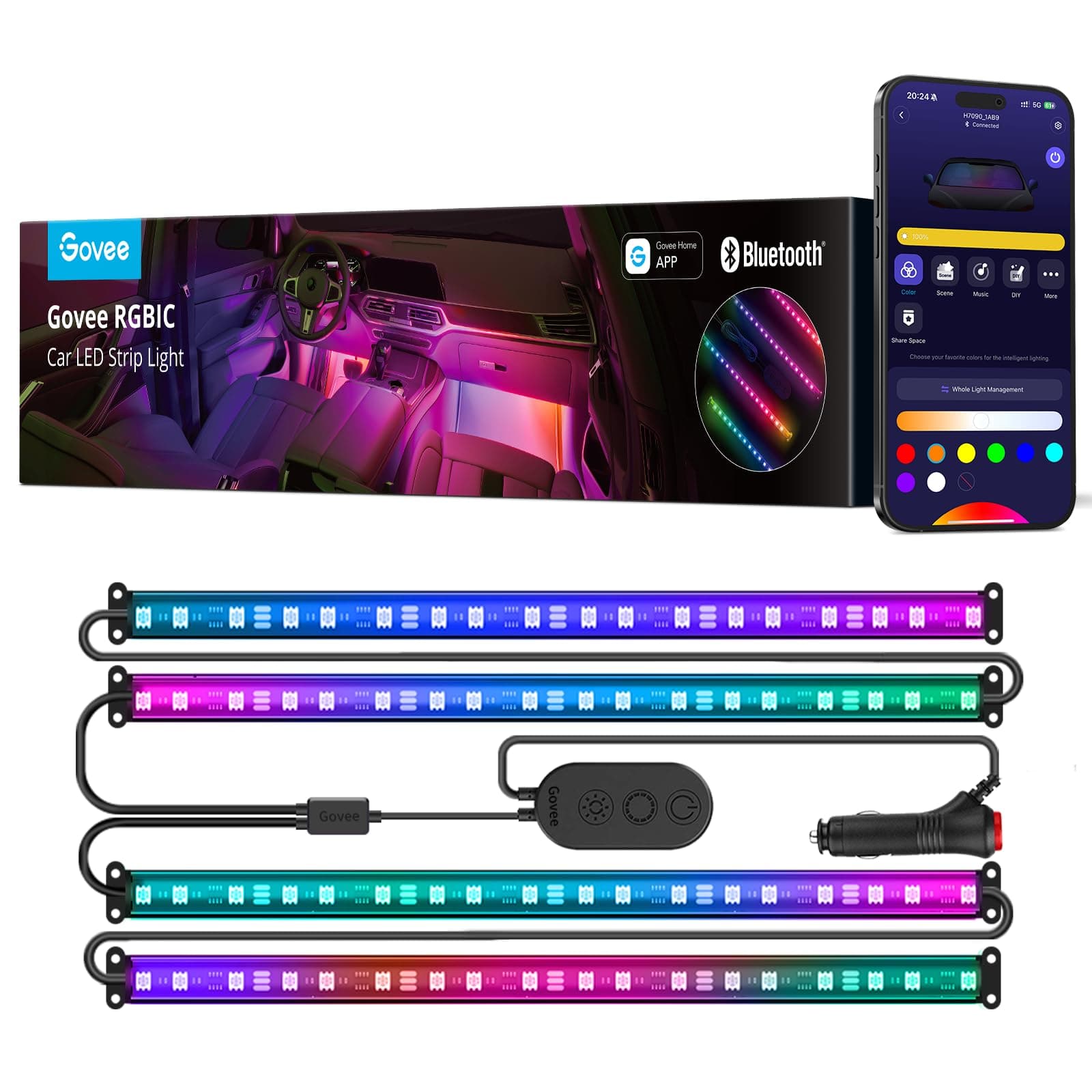 RGBIC Interior Car Lights with App Control, Segmented Colour, 2-Line Design Lighting Kit, DIY Effects, Music and 30 Scene Modes for Cars